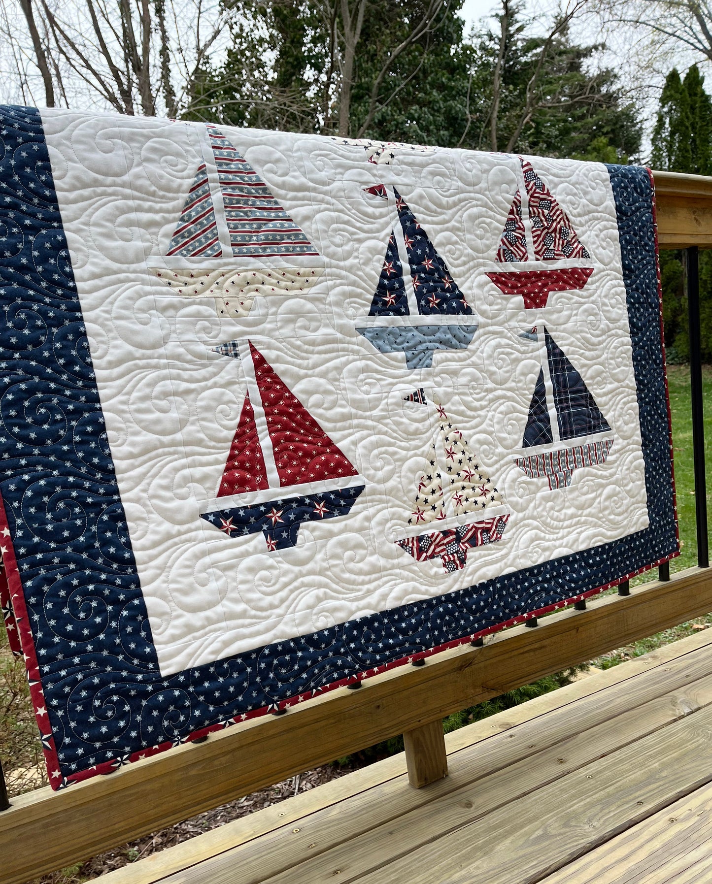 Handmade Baby Boy Sailboat Quilt - Heirloom Quilt, Nautical Home Decor 42"x52"