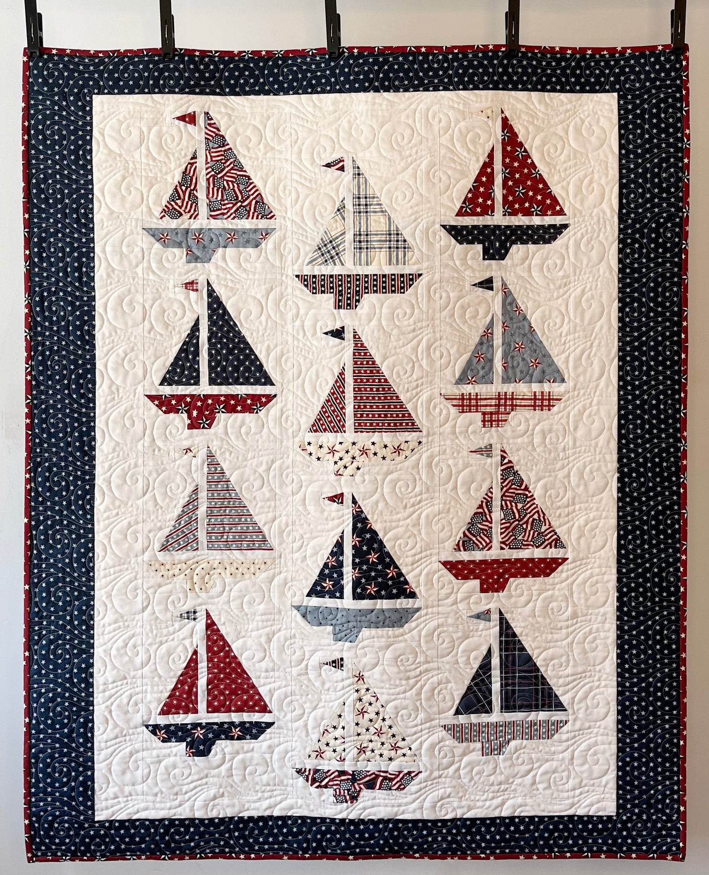 Handmade Baby Boy Sailboat Quilt - Heirloom Quilt, Nautical Home Decor 42"x52"