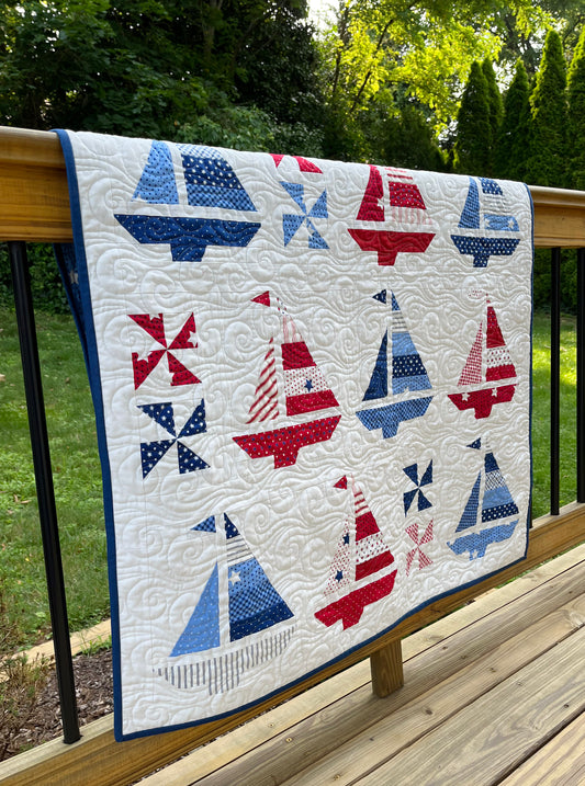 Handmade Baby Boy Sailboats & Pinwheels Quilt, Wall Hanging, BLUE with WHITE and NAVY Star Backing  (37x47) Ready to Ship!