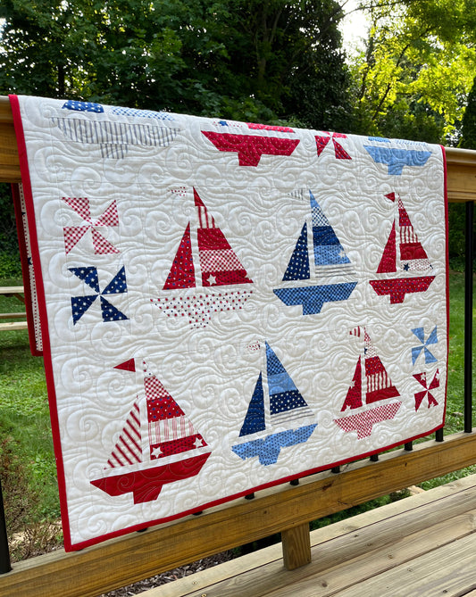 Handmade Baby Boy Sailboats & Pinwheels Quilt, Wall Hanging, WHITE with NAVY and RED Star Back  (37x47) Ready to Ship!