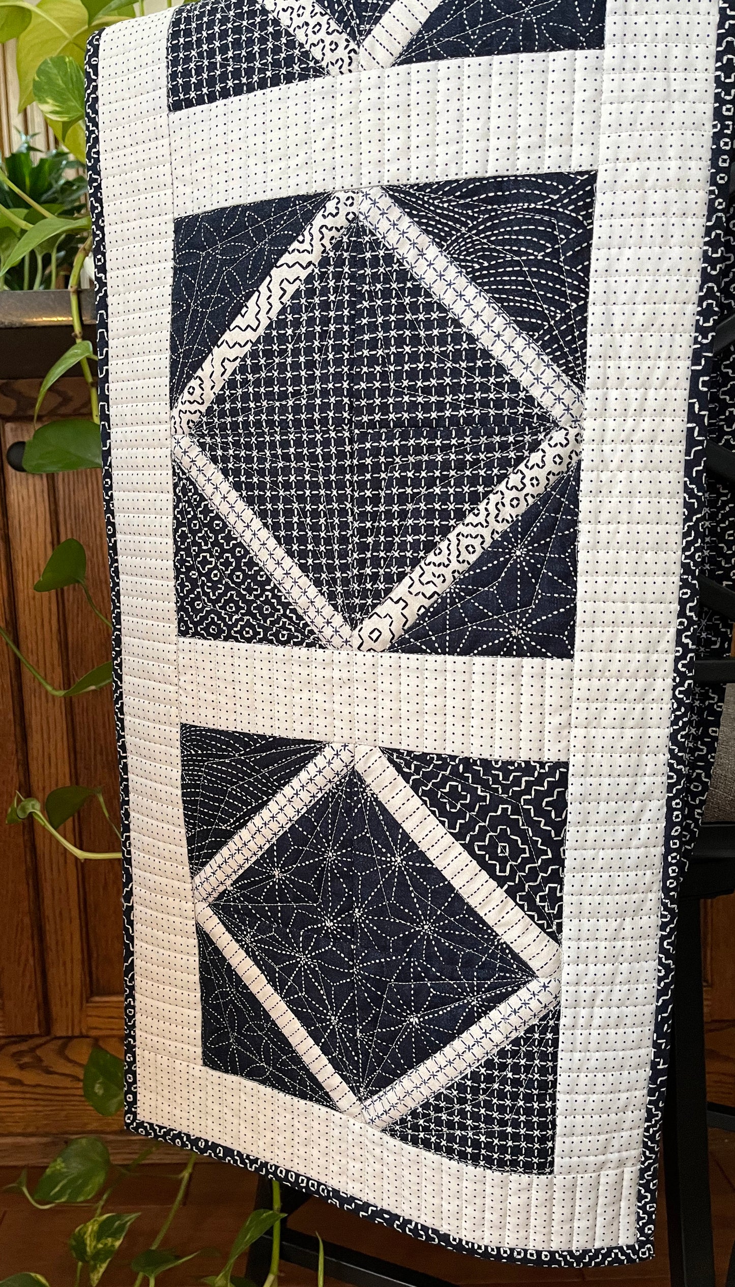 Handmade Quilted Table Runner, Navy & White, Japanese Sashiko Prints, Table Topper (13.5x46) Ready to Ship and Free Shipping!