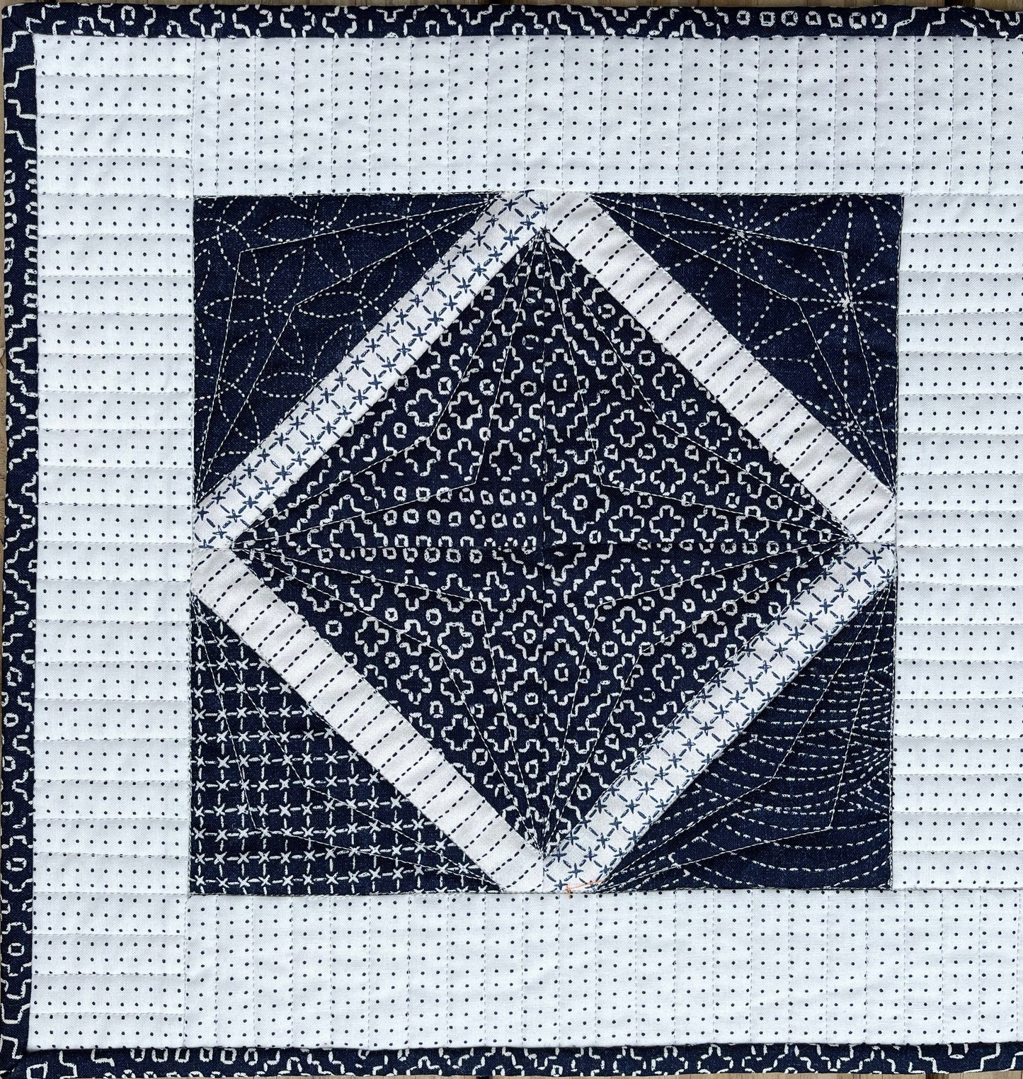 Handmade Quilted Table Runner, Navy & White, Japanese Sashiko Prints, Table Topper (13.5x46) Ready to Ship and Free Shipping!