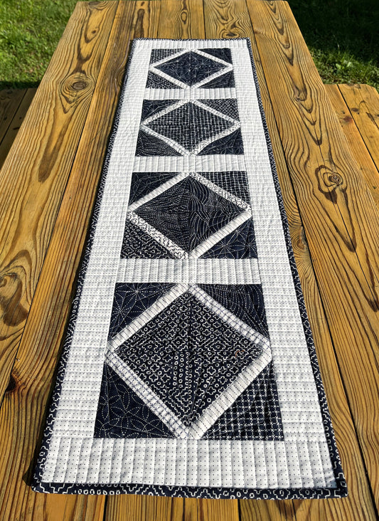 Handmade Quilted Table Runner, Navy & White, Japanese Sashiko Prints, Table Topper (13.5x46) Ready to Ship and Free Shipping!