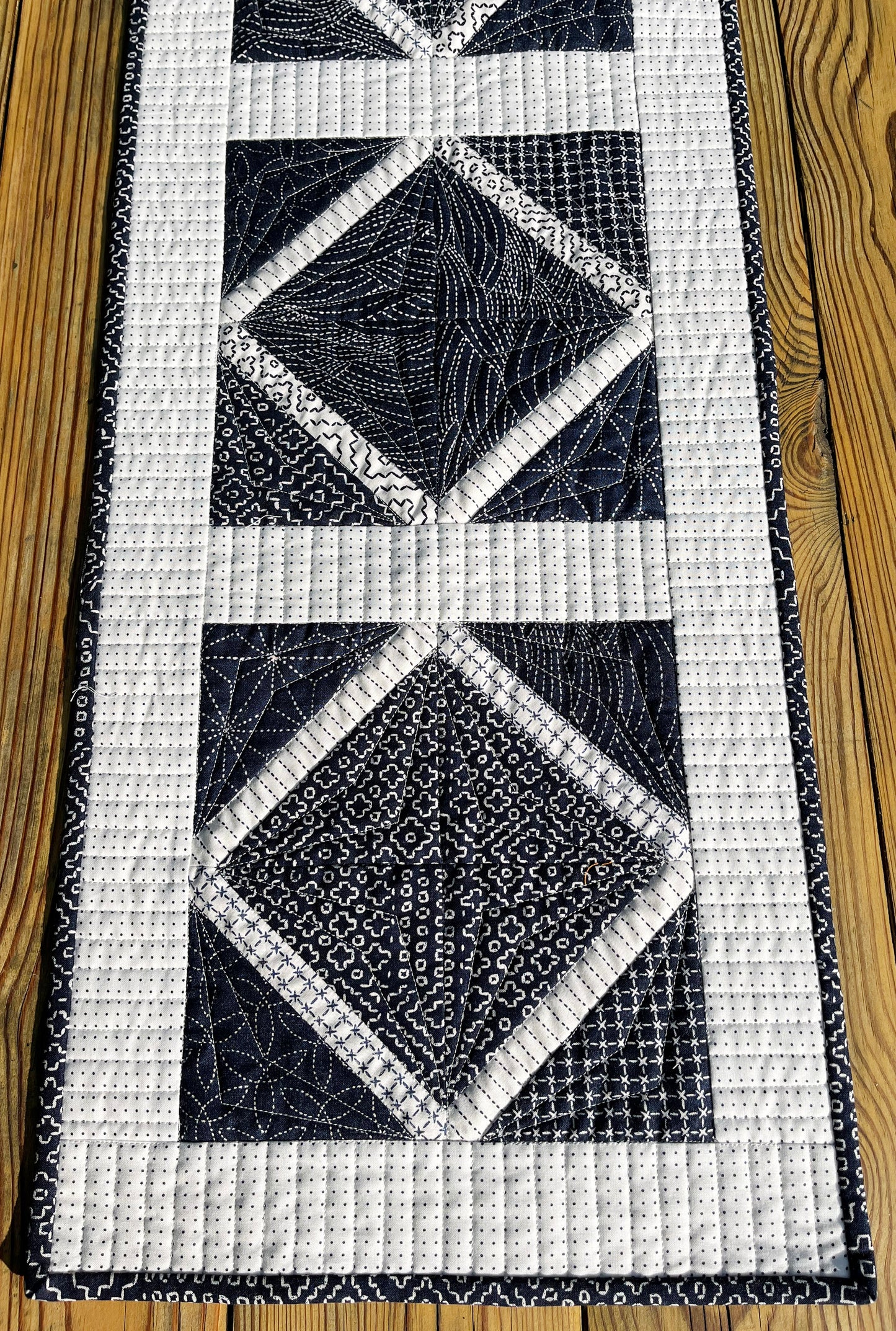 Handmade Quilted Table Runner, Navy & White, Japanese Sashiko Prints, Table Topper (13.5x46) Ready to Ship and Free Shipping!