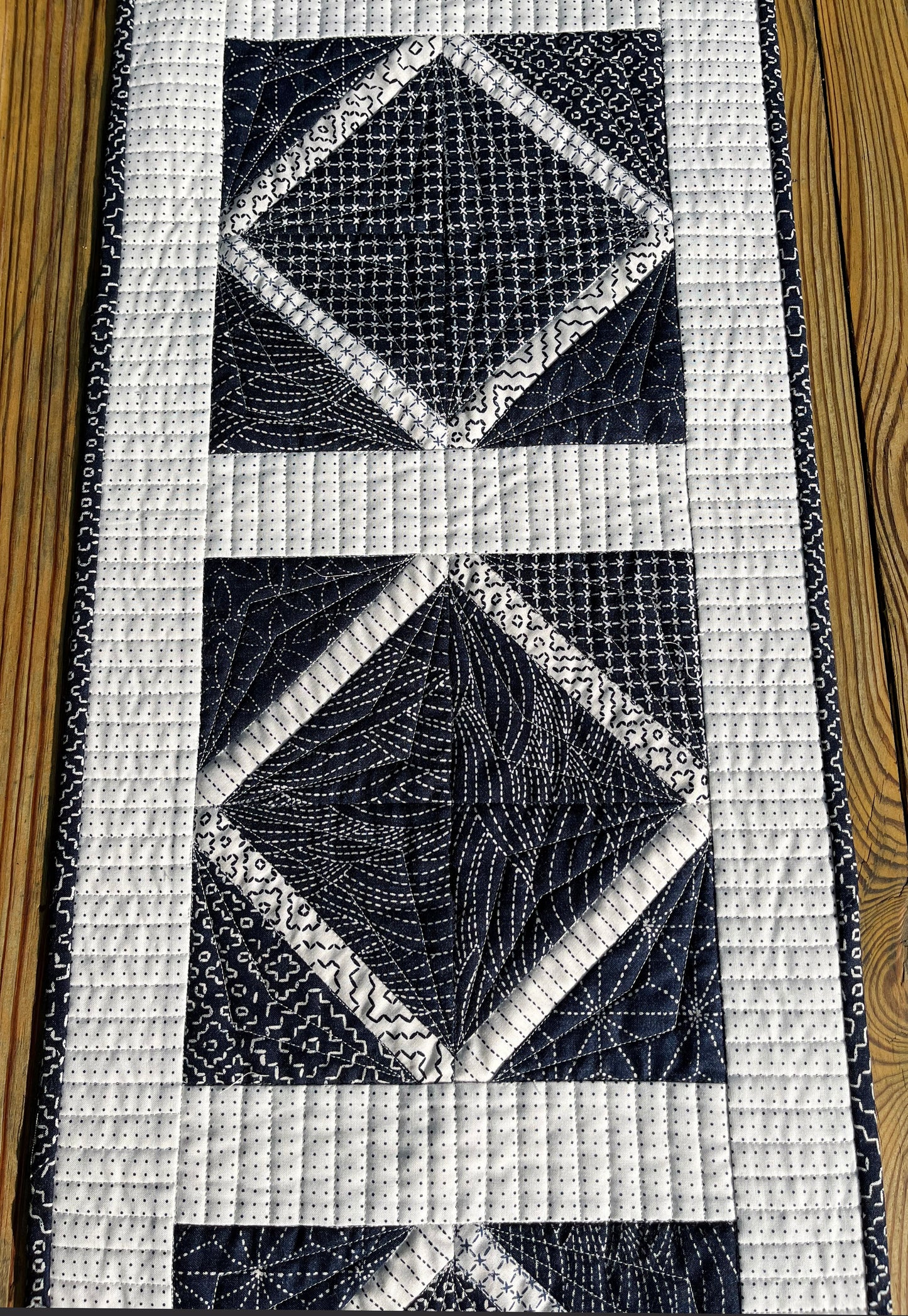 Handmade Quilted Table Runner, Navy & White, Japanese Sashiko Prints, Table Topper (13.5x46) Ready to Ship and Free Shipping!