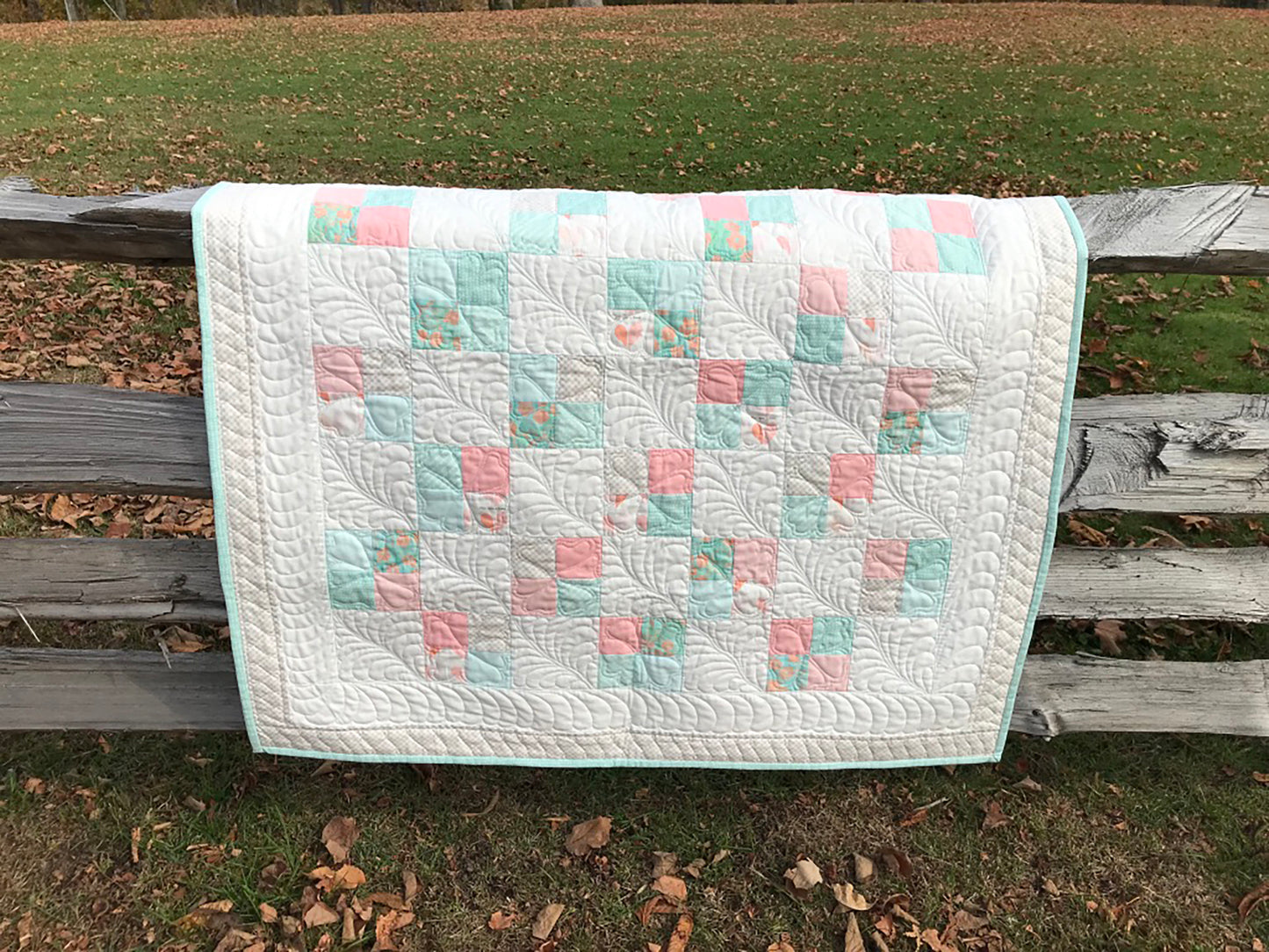 Handmade Baby Quilt - Baby Blanket, Adult Lap Quilt, Pink, Peach, Seafoam, Custom Quilted Hearts - Ready to Ship