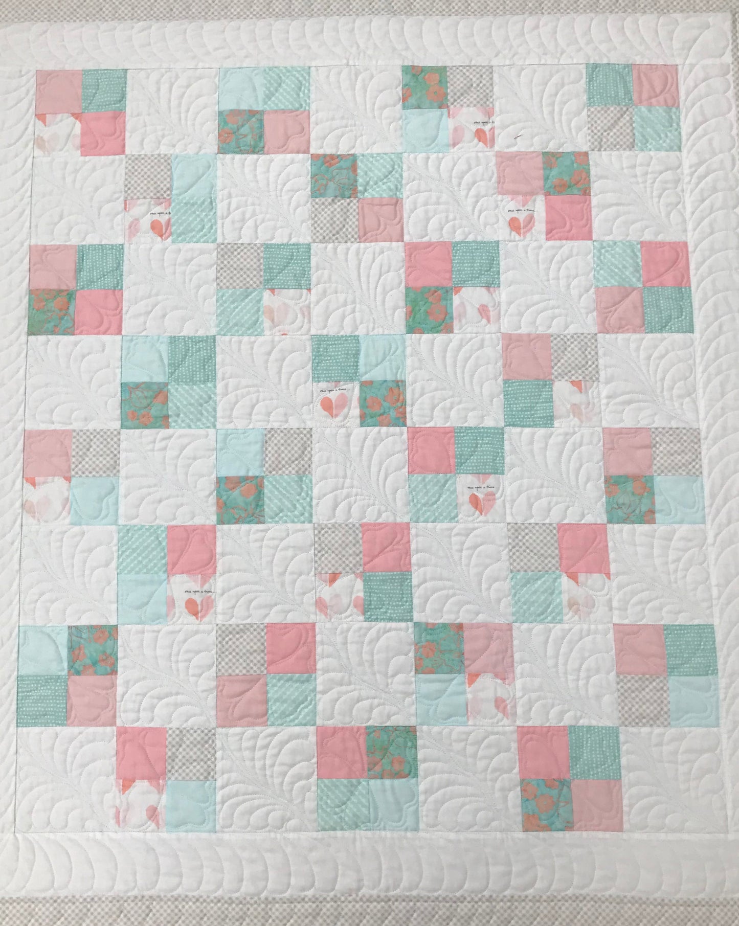 Handmade Baby Quilt - Baby Blanket, Adult Lap Quilt, Pink, Peach, Seafoam, Custom Quilted Hearts - Ready to Ship