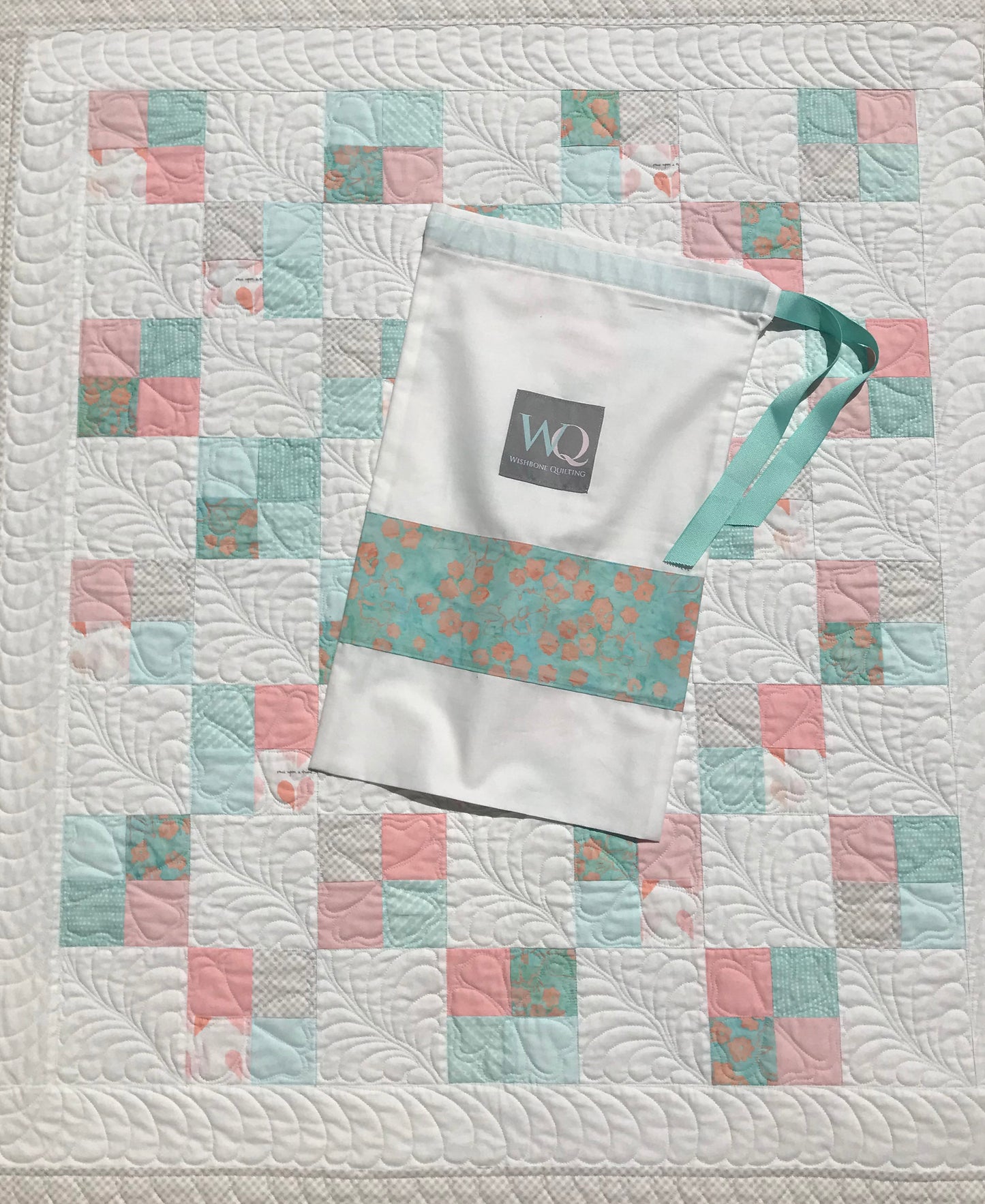 Handmade Baby Quilt - Baby Blanket, Adult Lap Quilt, Pink, Peach, Seafoam, Custom Quilted Hearts - Ready to Ship