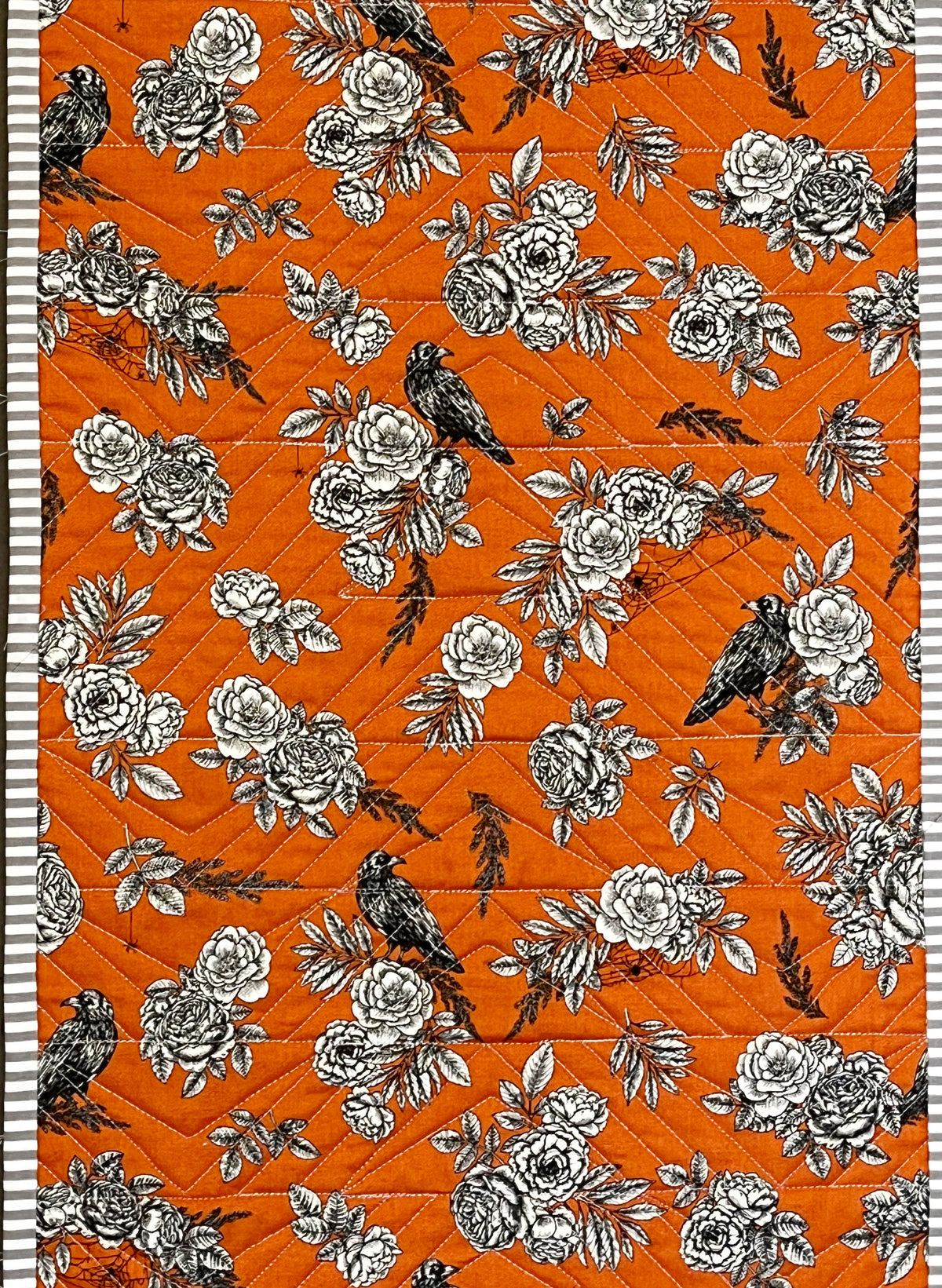 Halloween Table Runner - Handmade Quilted - Grey, Orange, Cream with Crows, Pumpkins, Stars (12.5x52)