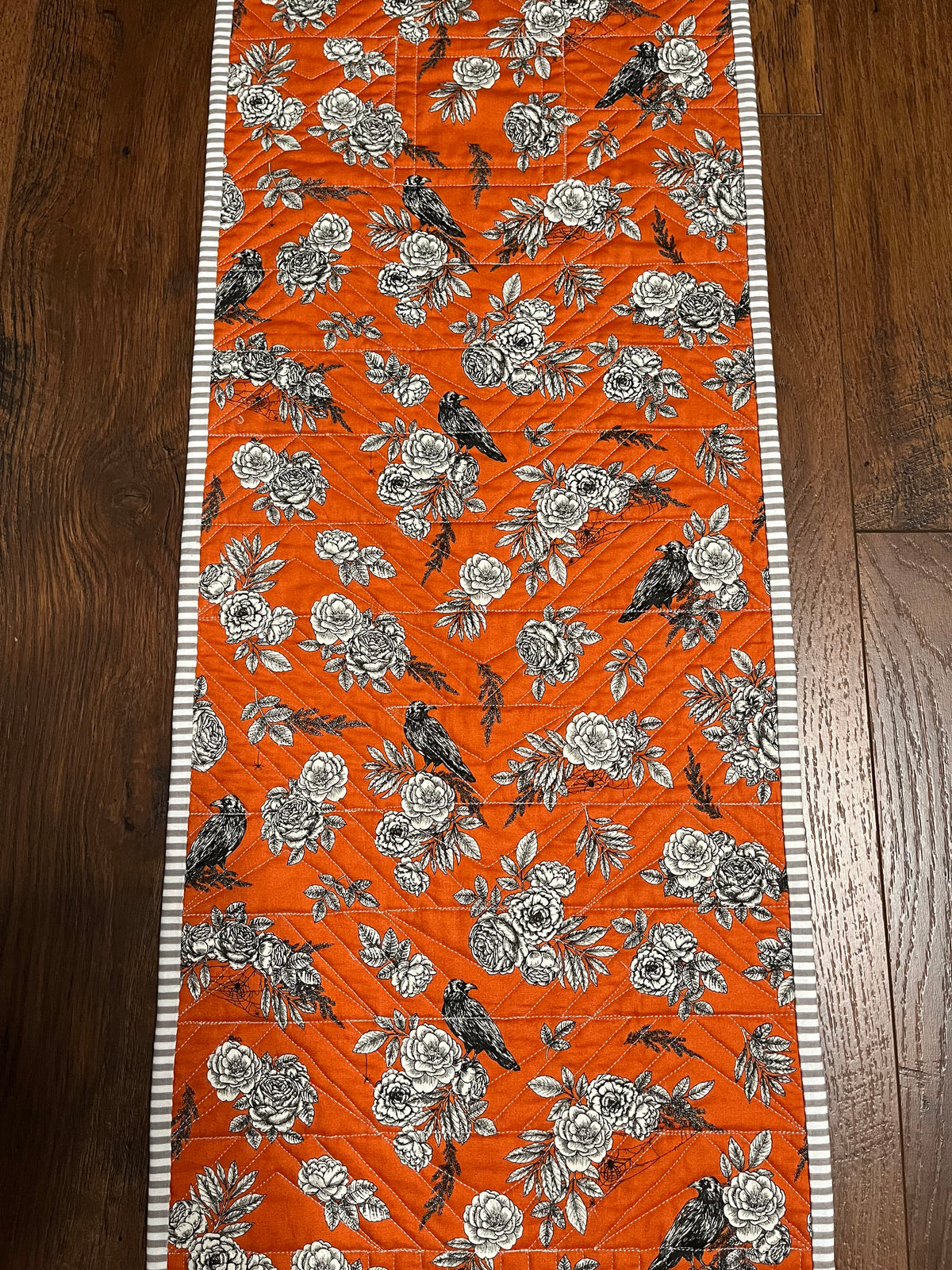 Halloween Table Runner - Handmade Quilted - Grey, Orange, Cream with Crows, Pumpkins, Stars (12.5x52)