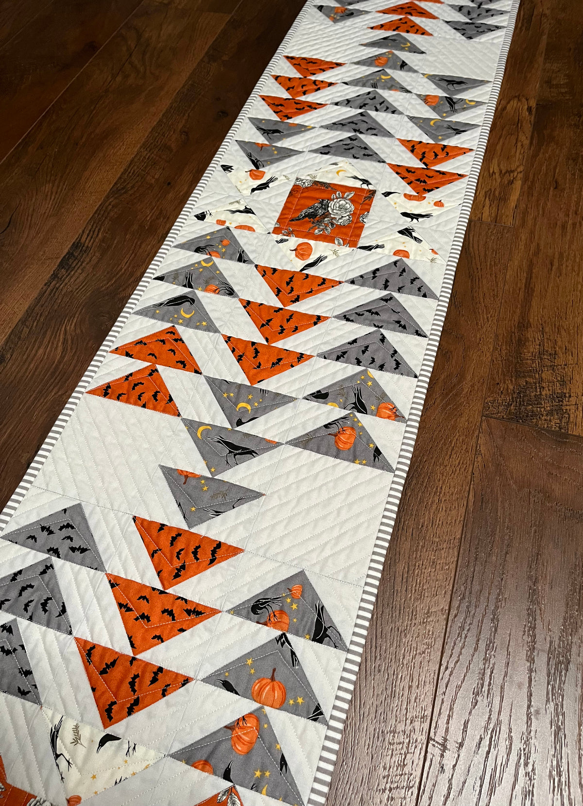 Halloween Table Runner - Handmade Quilted - Grey, Orange, Cream with Crows, Pumpkins, Stars (12.5x52)