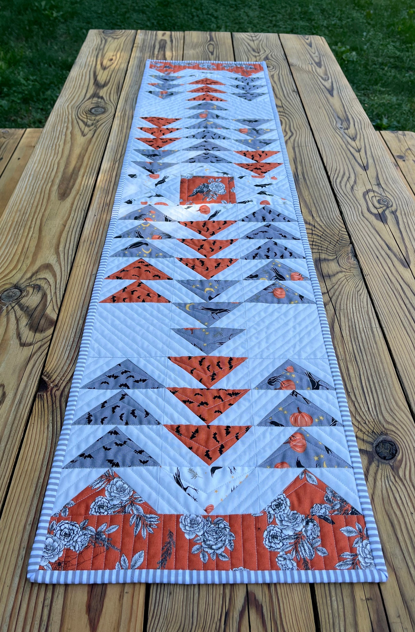 Halloween Table Runner - Handmade Quilted, Orange & Grey (12.5x52)  - READY TO SHIP!