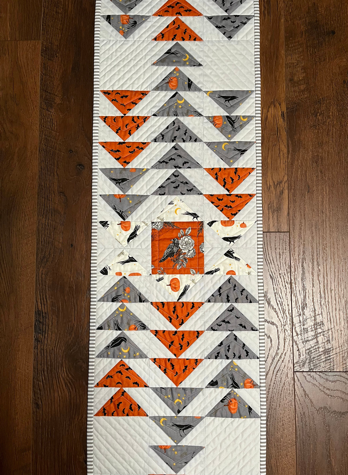 Halloween Table Runner - Handmade Quilted - Grey, Orange, Cream with Crows, Pumpkins, Stars (12.5x52)