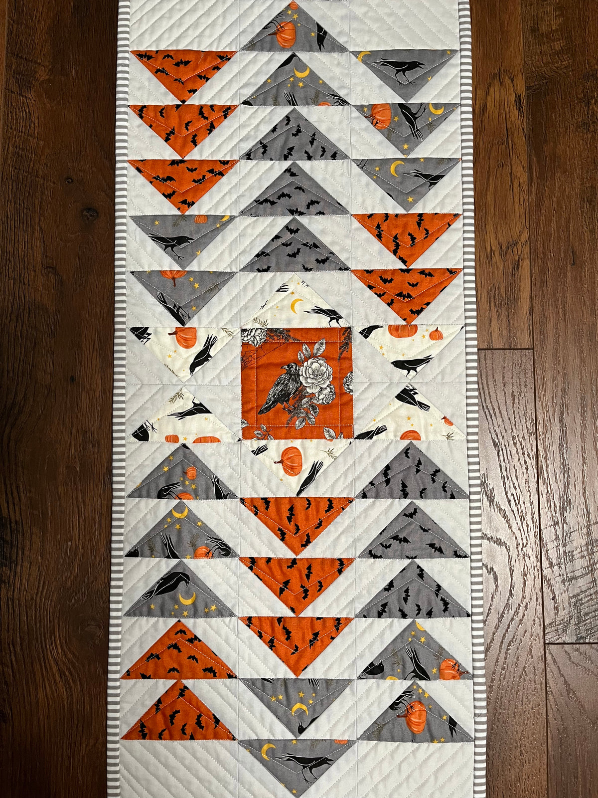 Halloween Table Runner - Handmade Quilted - Grey, Orange, Cream with Crows, Pumpkins, Stars (12.5x52)