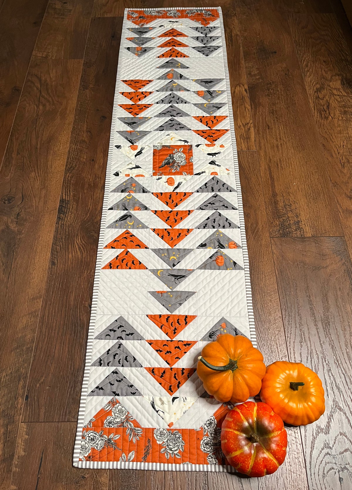 Halloween Table Runner - Handmade Quilted - Grey, Orange, Cream with Crows, Pumpkins, Stars (12.5x52)