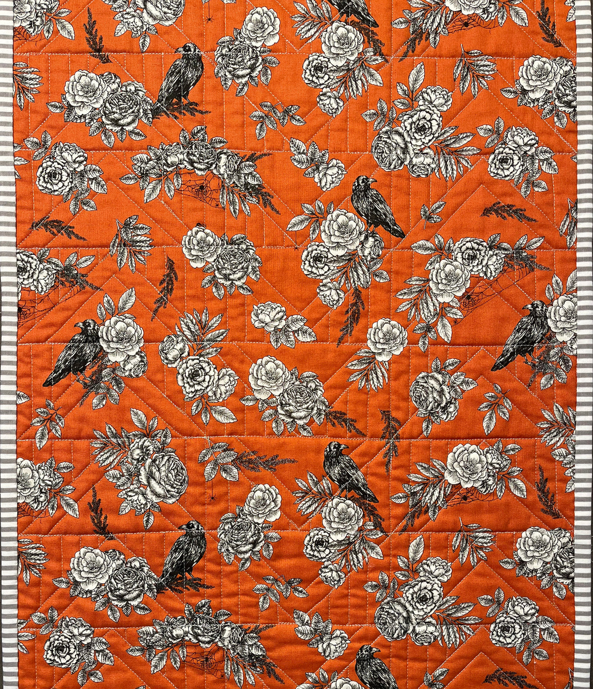 Halloween Table Runner - Handmade Quilted - Grey, Orange, Cream with Crows, Pumpkins, Stars (15.5x 49.5)