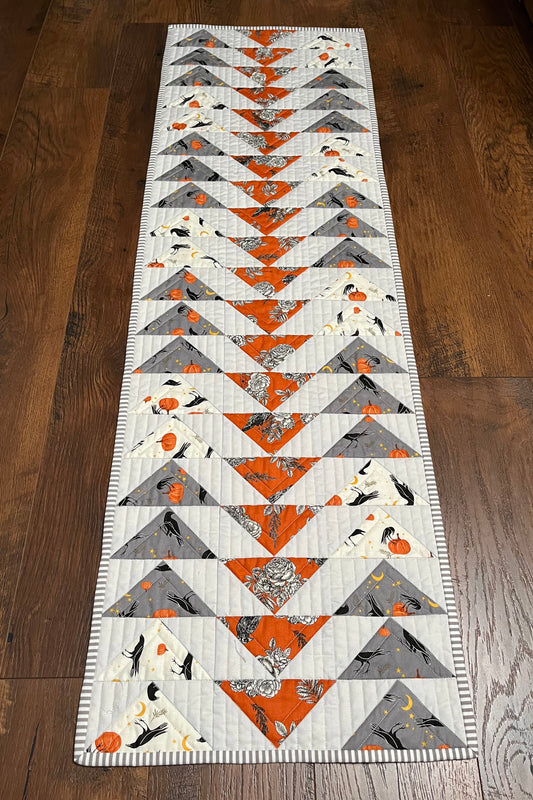 Halloween Table Runner - Handmade Quilted - Grey, Orange, Cream with Crows, Pumpkins, Stars (15.5x 49.5)