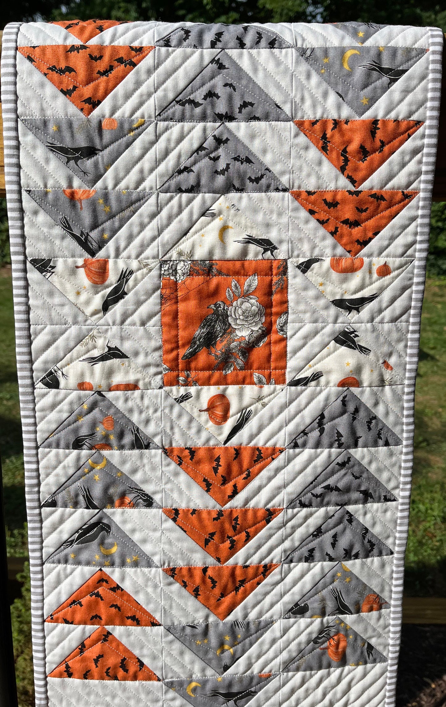 Halloween Table Runner - Handmade Quilted, Orange & Grey (12.5x52)  - READY TO SHIP!