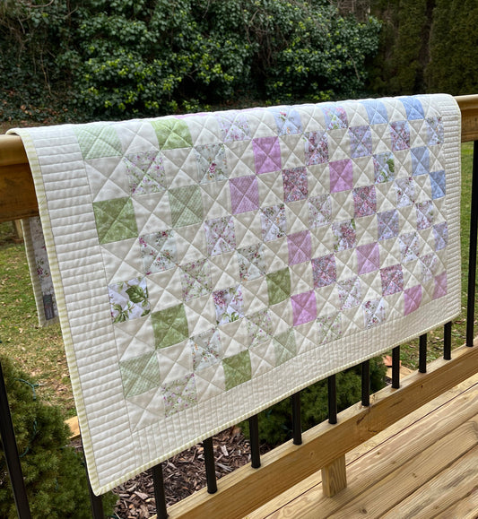 Springtime Handmade Baby Girl Quilt, Patchwork Baby Girl Blanket (38"x40") Pastel Easter Colors, Ready to Ship!