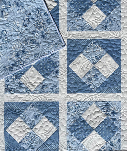 Handmade Baby Girl Quilt - Pretty Blues  (40x40) Quilted Flowers and Feathers - Free Handmade Matching Gift Bag - Ready to Ship!