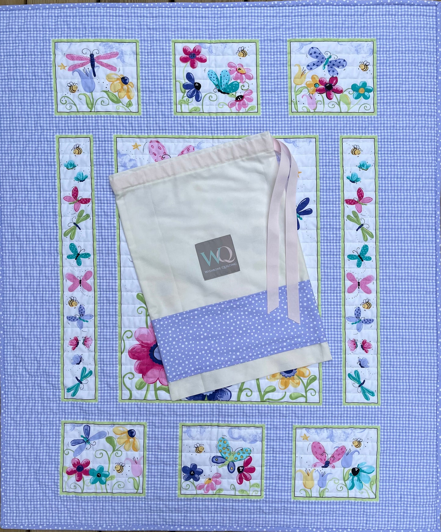 Butterflies and Fireflies, Handmade Baby Girl Quilt, Baby Girl Blanket, Purple Gingham (35x42) Ready to Ship!