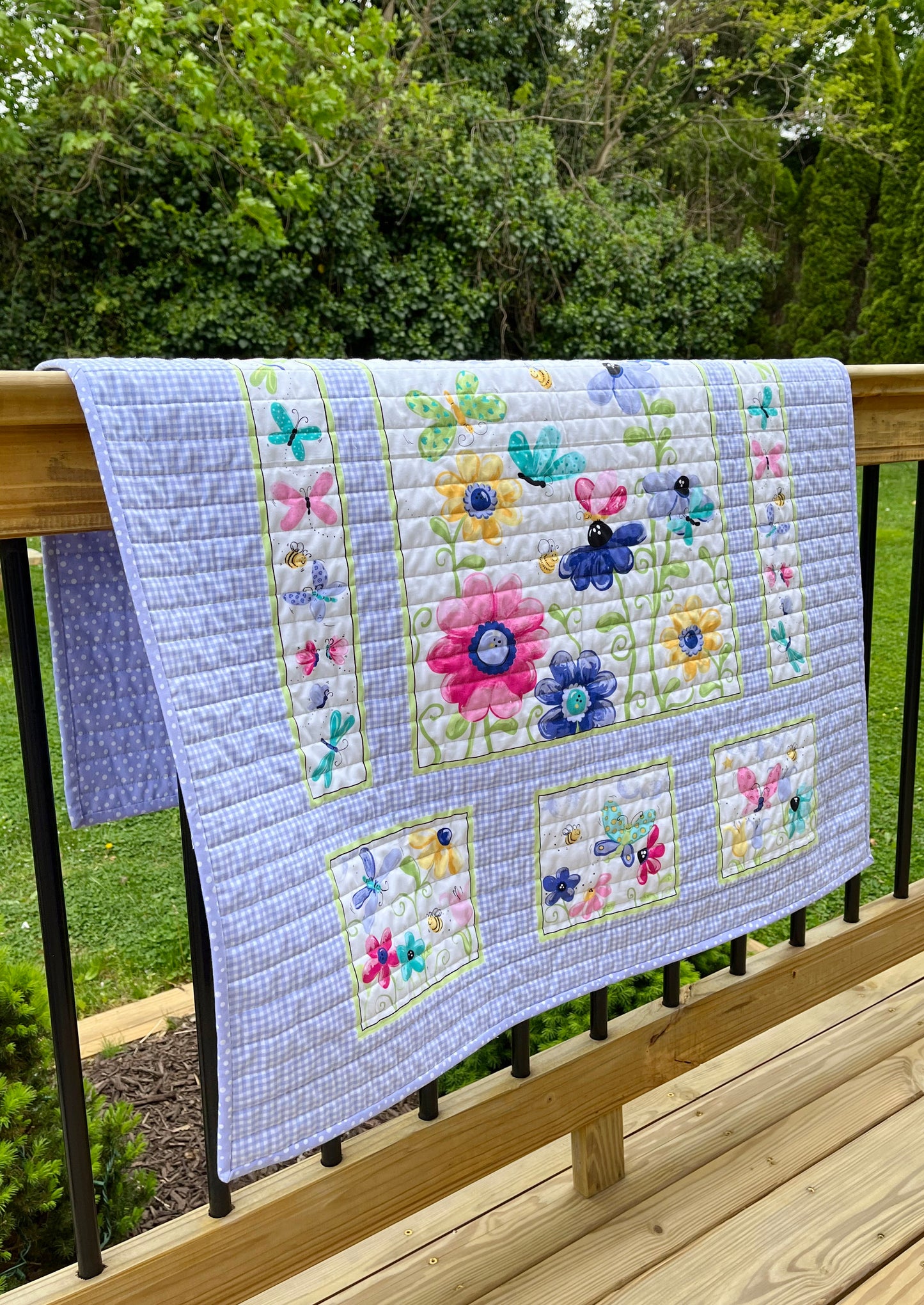 Butterflies and Fireflies, Handmade Baby Girl Quilt, Baby Girl Blanket, Purple Gingham (35x42) Ready to Ship!