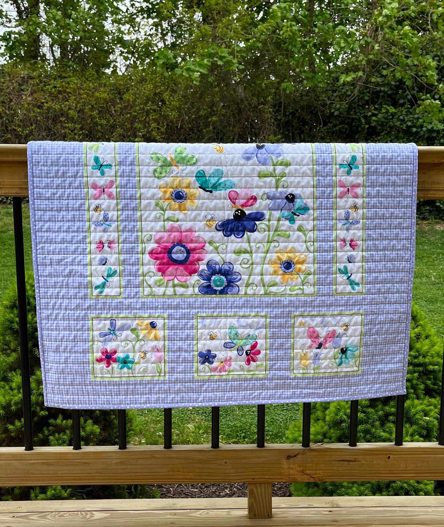 Butterflies and Fireflies, Handmade Baby Girl Quilt, Baby Girl Blanket, Purple Gingham (35x42) Ready to Ship!