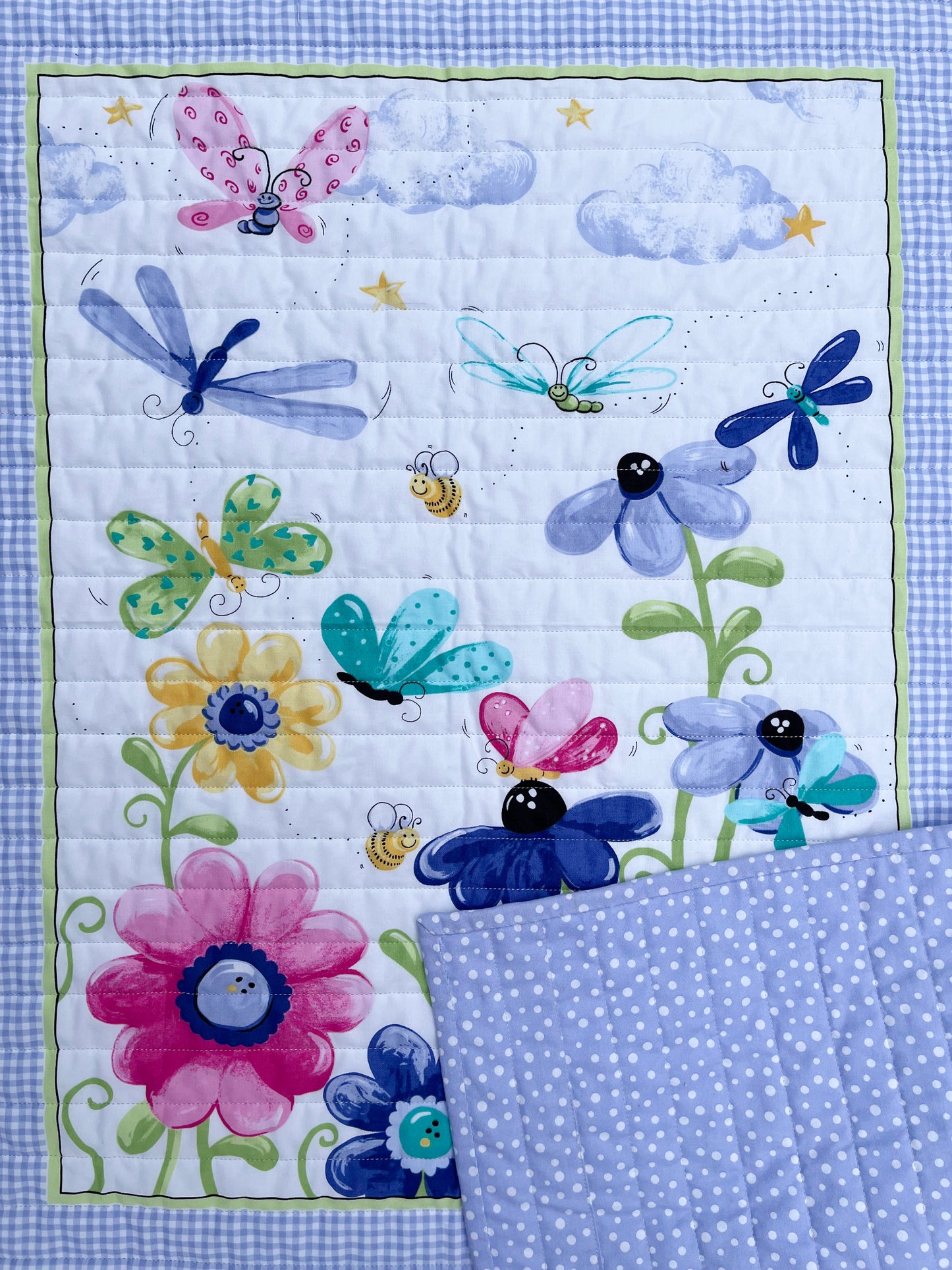 Butterflies and Fireflies, Handmade Baby Girl Quilt, Baby Girl Blanket, Purple Gingham (35x42) Ready to Ship!