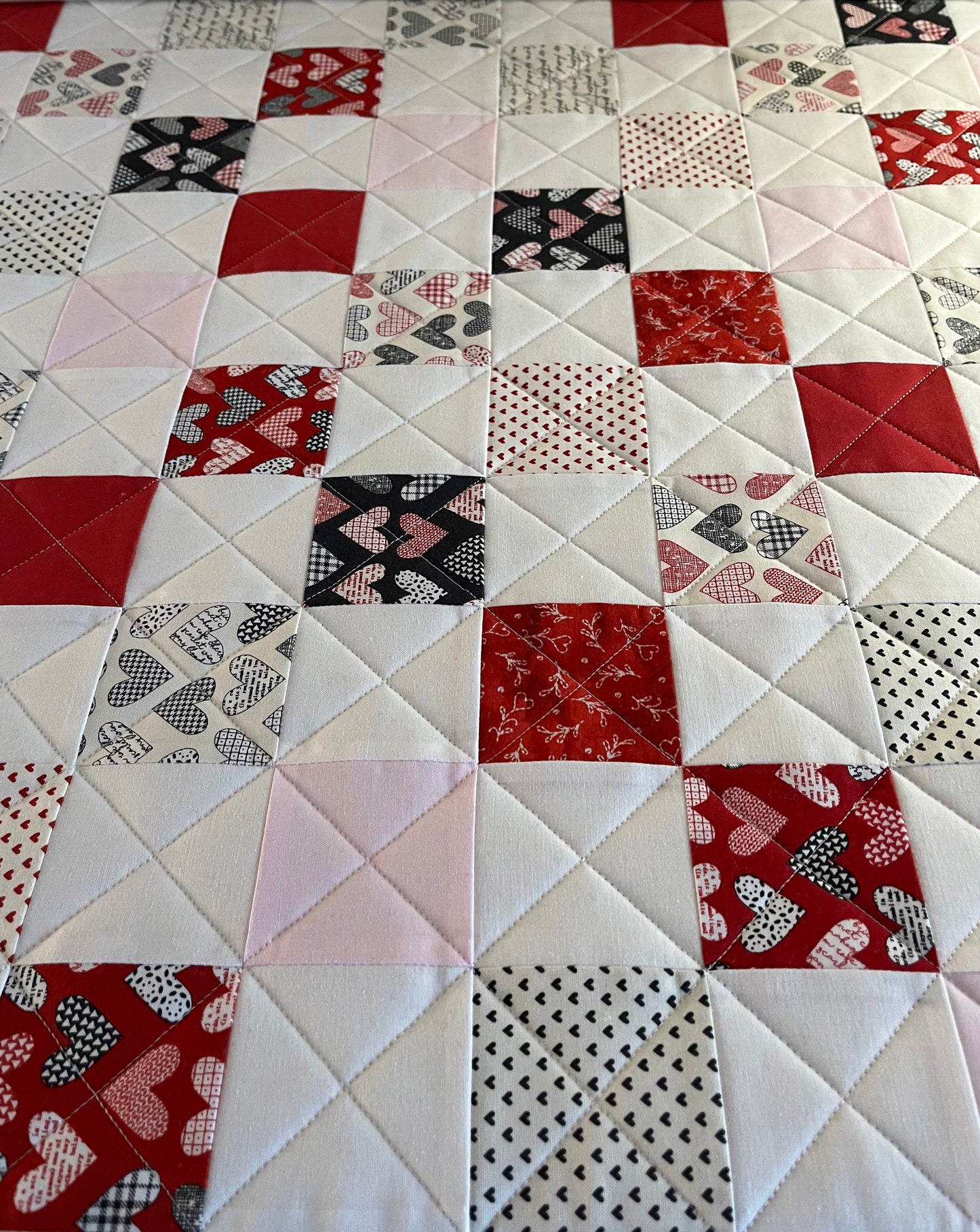 Handmade Throw Size Quilt, Hearts Patchwork Baby Blanket (50x60) Red, Grey & Pink, Holiday Gift - FREE MATCHING BAG!