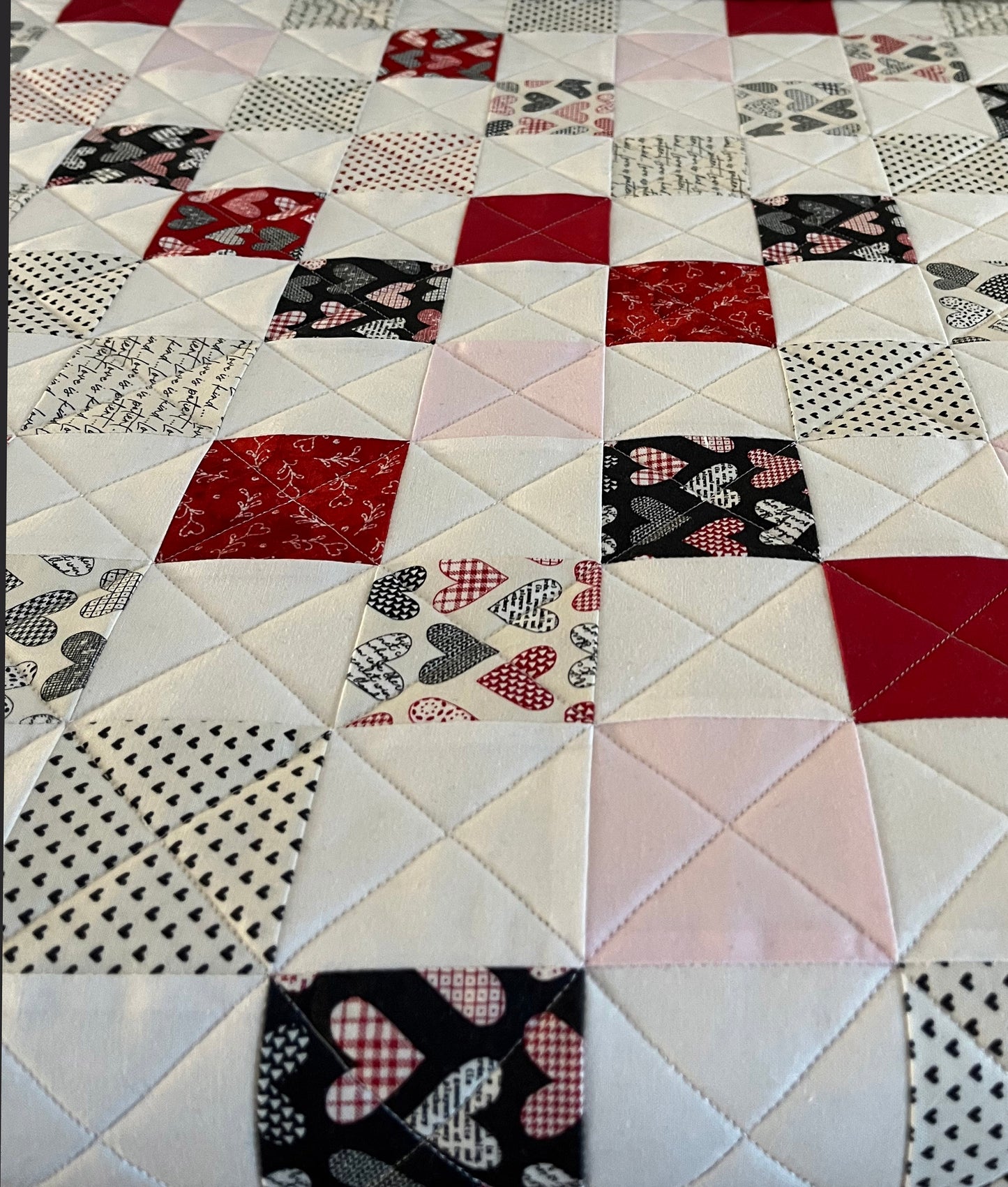 Handmade Throw Size Quilt, Hearts Patchwork Baby Blanket (50x60) Red, Grey & Pink, Holiday Gift - FREE MATCHING BAG!