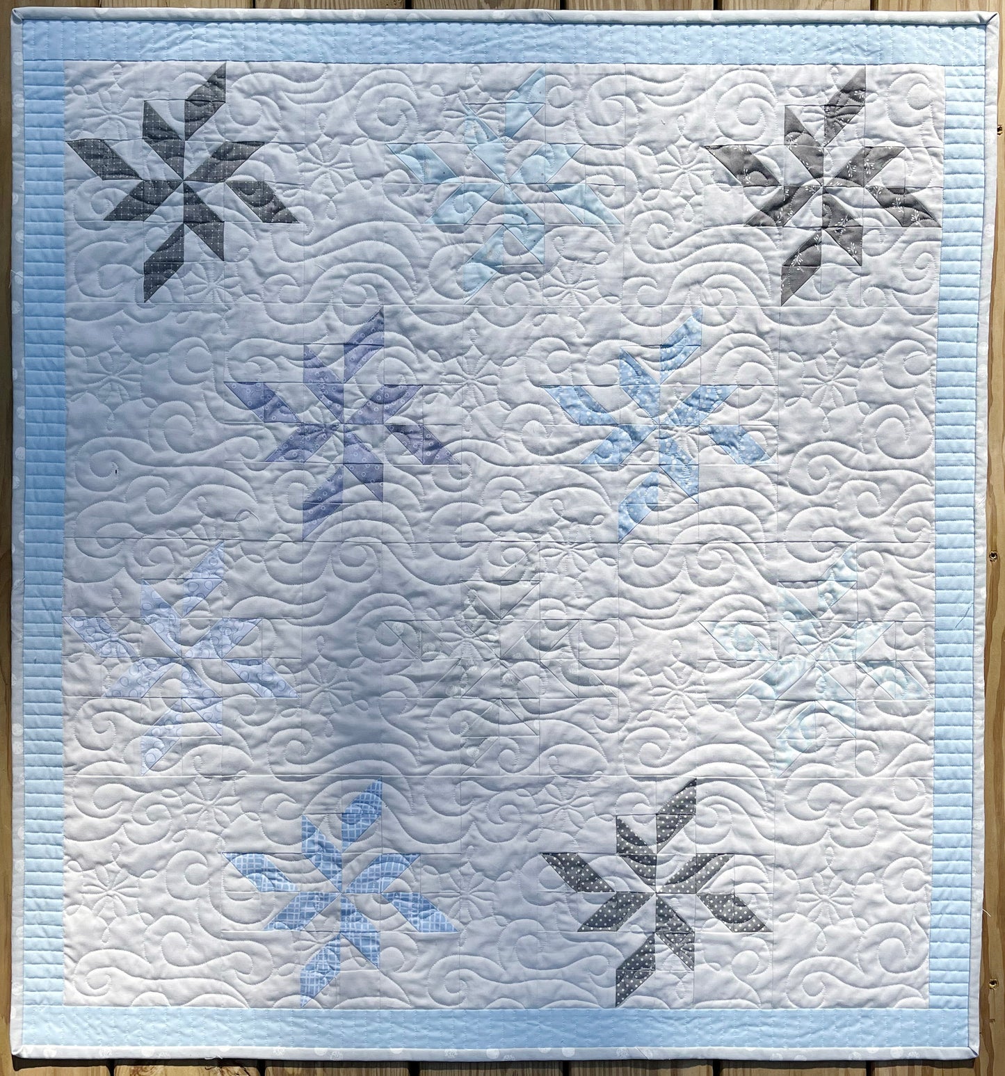 Winter Snowflakes Handmade Baby Quilt or Adult Lap Quilt - Grey, Powder Blue - Gender Neutral - Ready to Ship