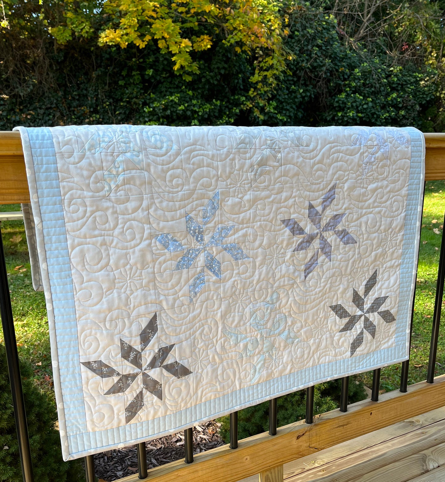 Winter Snowflakes Handmade Baby Quilt or Adult Lap Quilt - Grey, Powder Blue - Gender Neutral - Ready to Ship