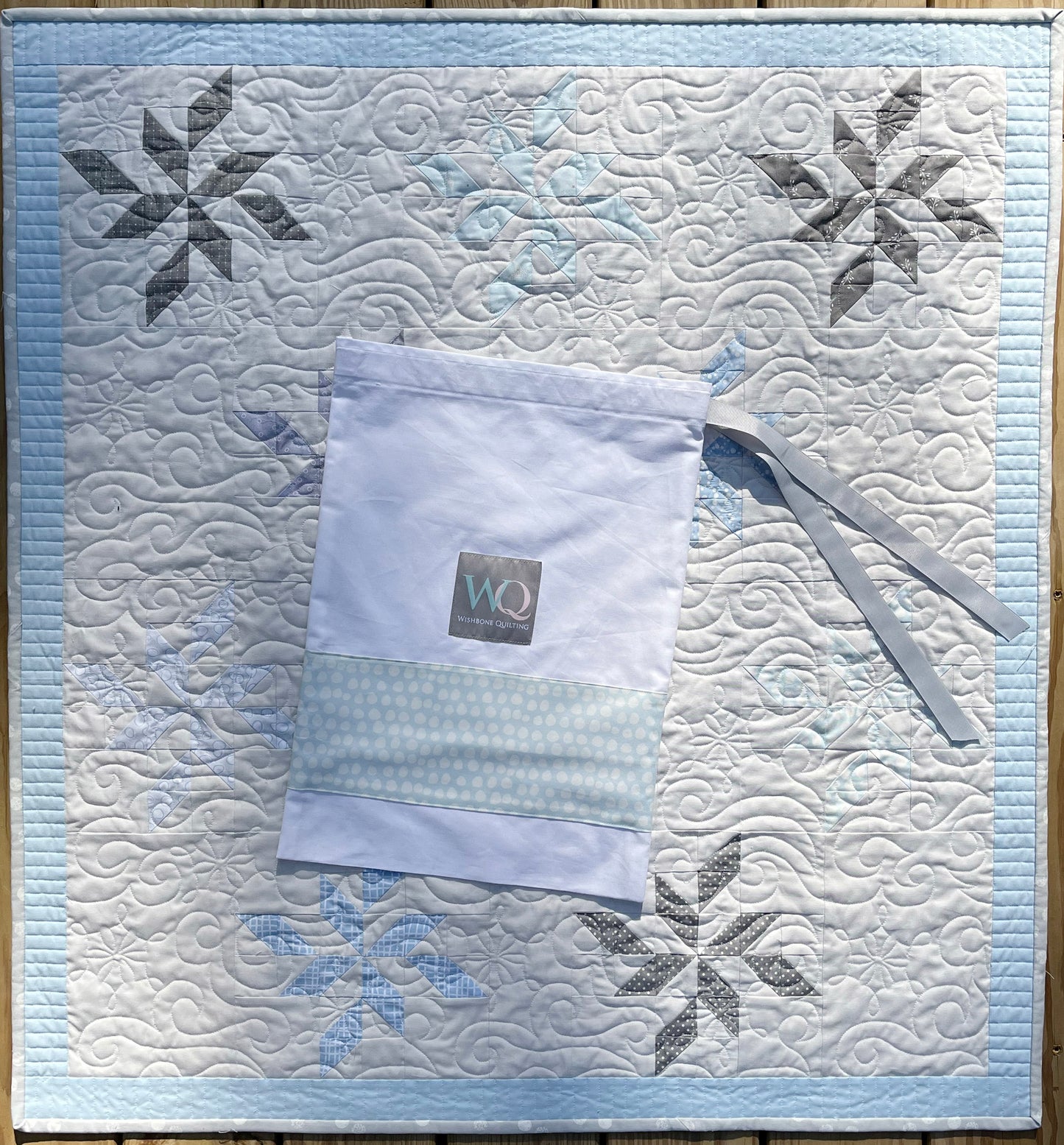 Winter Snowflakes Handmade Baby Quilt or Adult Lap Quilt - Grey, Powder Blue - Gender Neutral - Ready to Ship