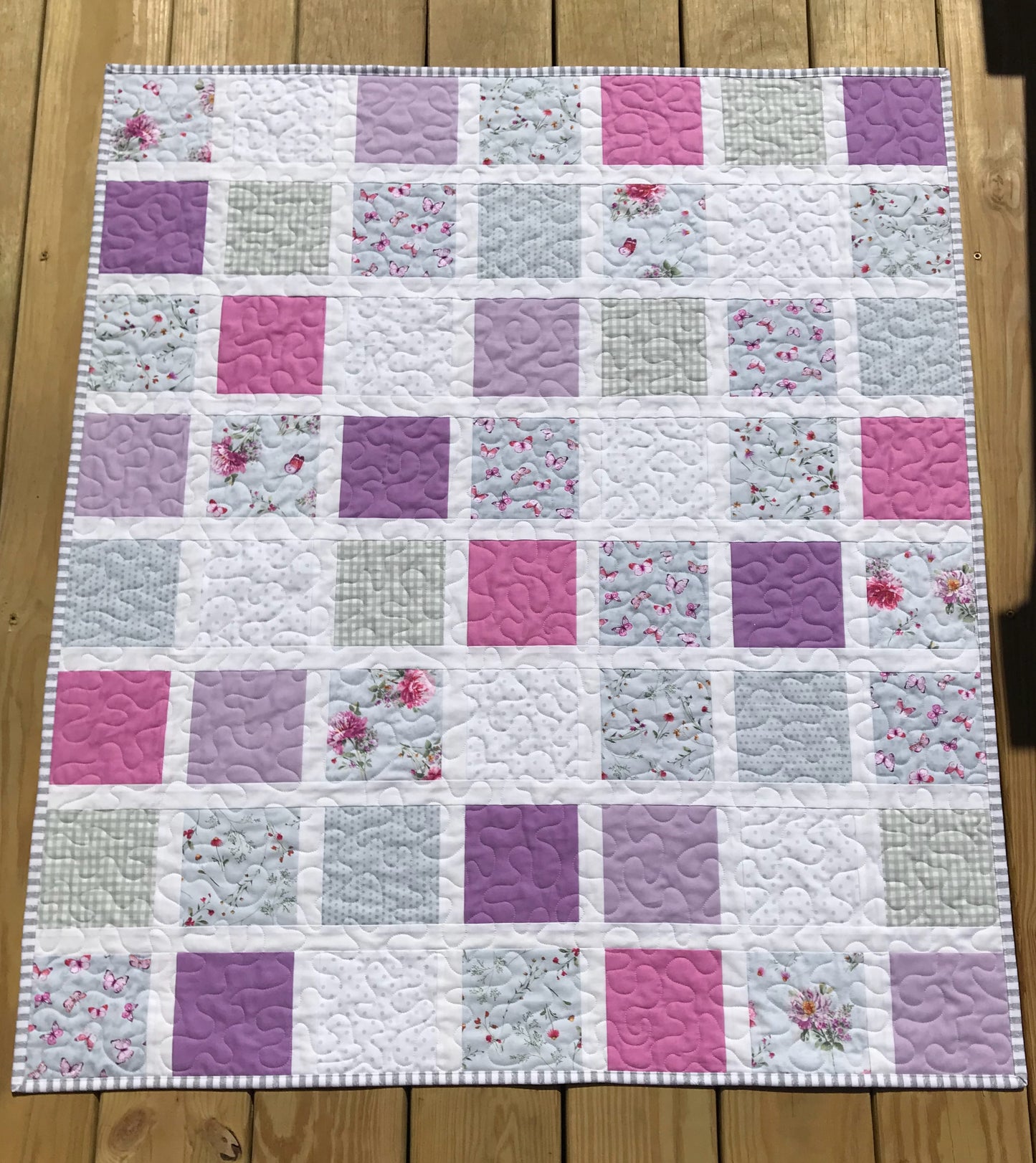 Butterfly Garden:  Purple, Pink, Grey & White Baby Quilt, Baby Blanket, Adult Lap Quilt - Ready to Ship