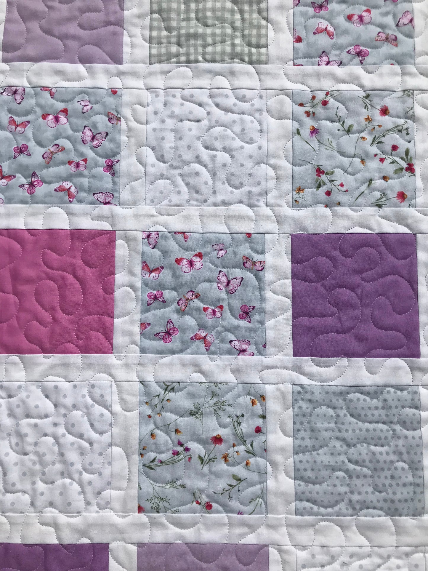 Butterfly Garden:  Purple, Pink, Grey & White Baby Quilt, Baby Blanket, Adult Lap Quilt - Ready to Ship