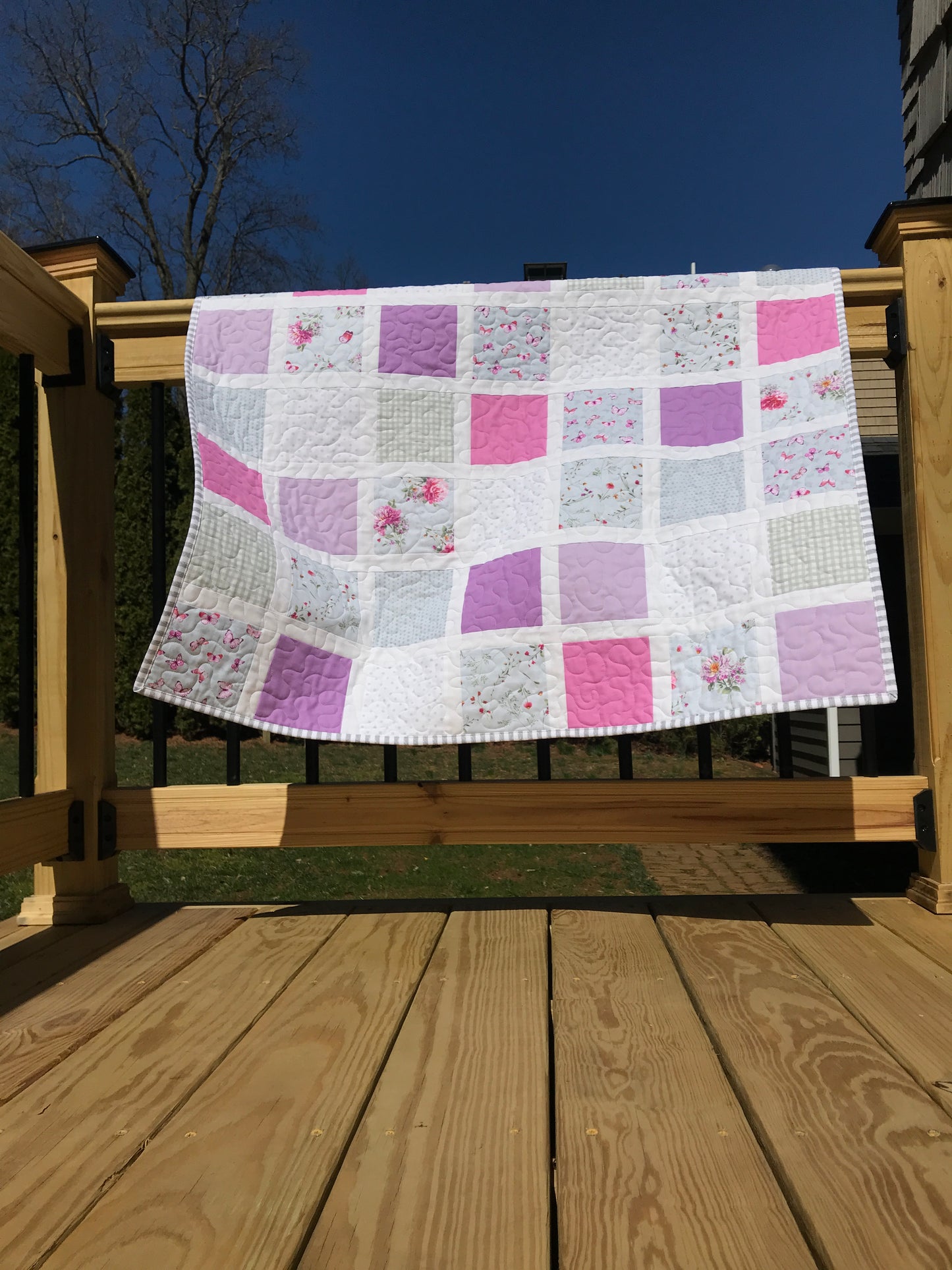 Butterfly Garden:  Purple, Pink, Grey & White Baby Quilt, Baby Blanket, Adult Lap Quilt - Ready to Ship