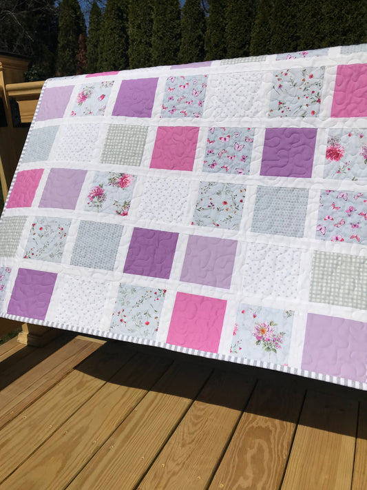 Butterfly Garden:  Purple, Pink, Grey & White Baby Quilt, Baby Blanket, Adult Lap Quilt - Ready to Ship