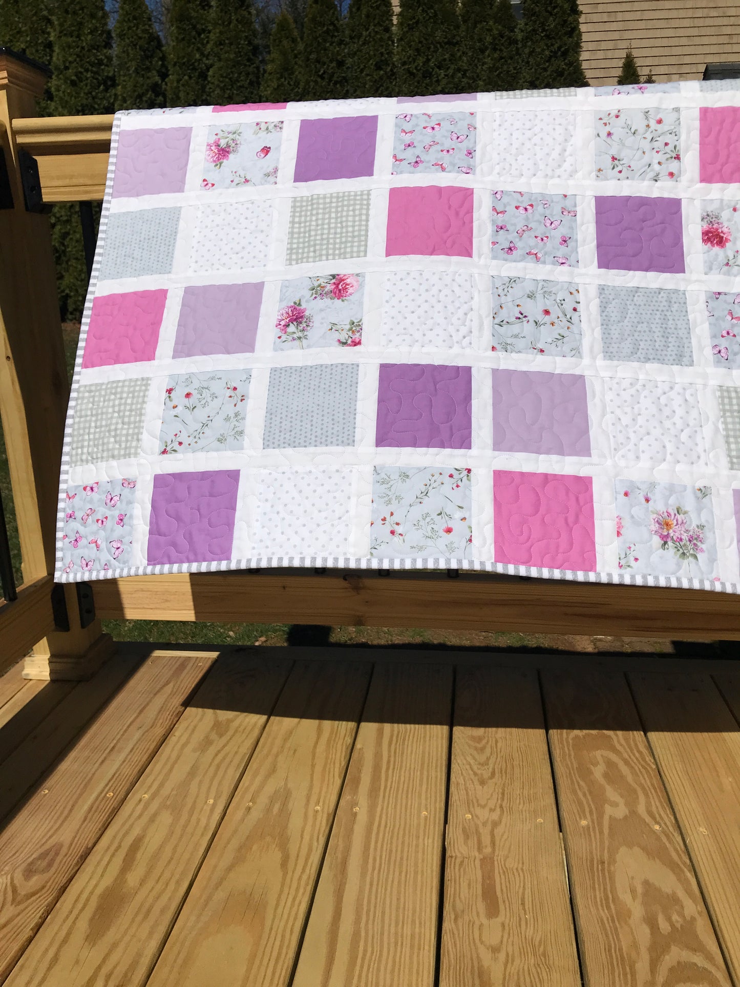 Butterfly Garden:  Purple, Pink, Grey & White Baby Quilt, Baby Blanket, Adult Lap Quilt - Ready to Ship