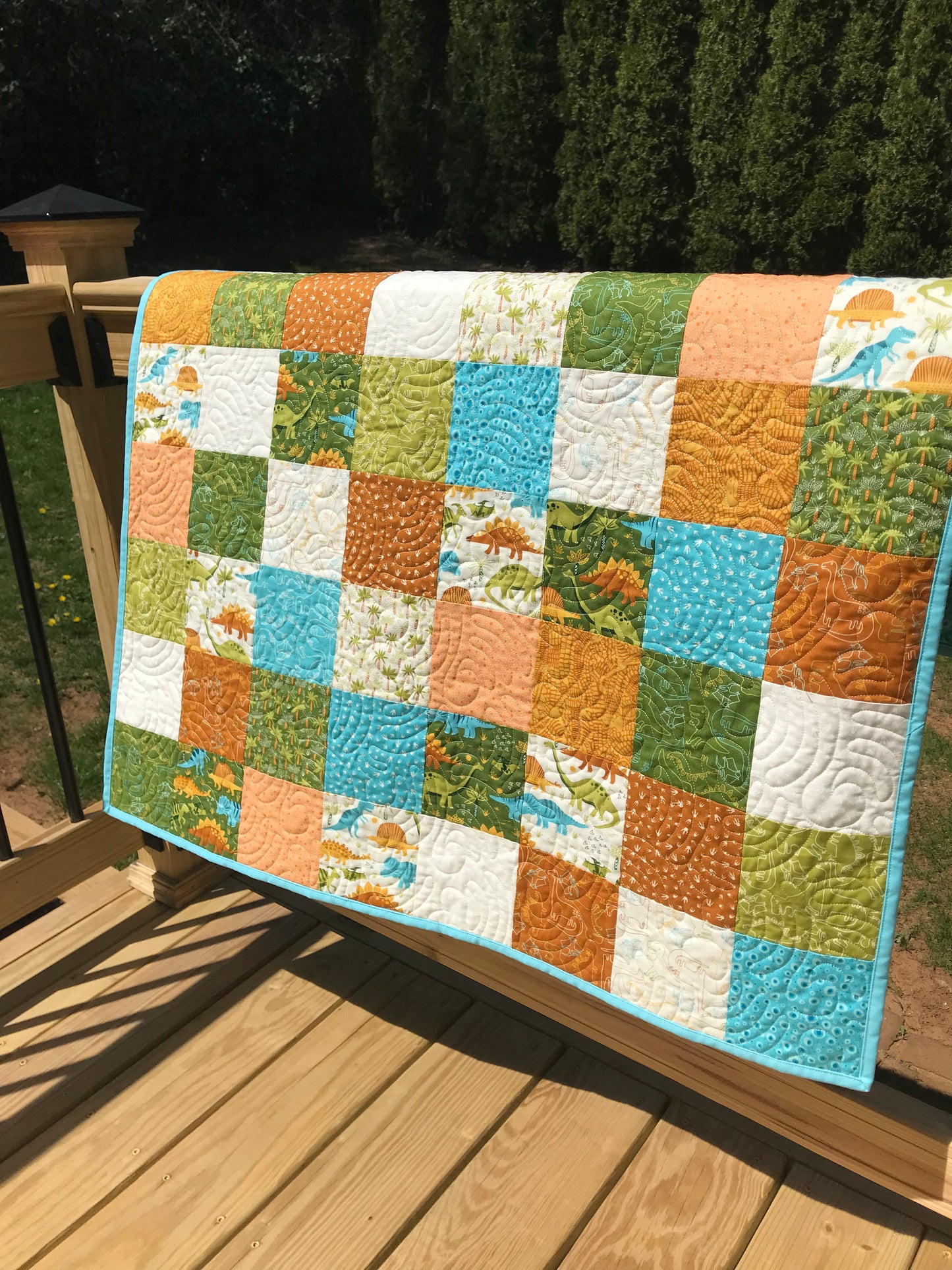 Dinosaur Baby Quilt, Handmade Baby Blanket, Gender Neutral, Free Matching Handmade Gift Bag - Ready to Ship!