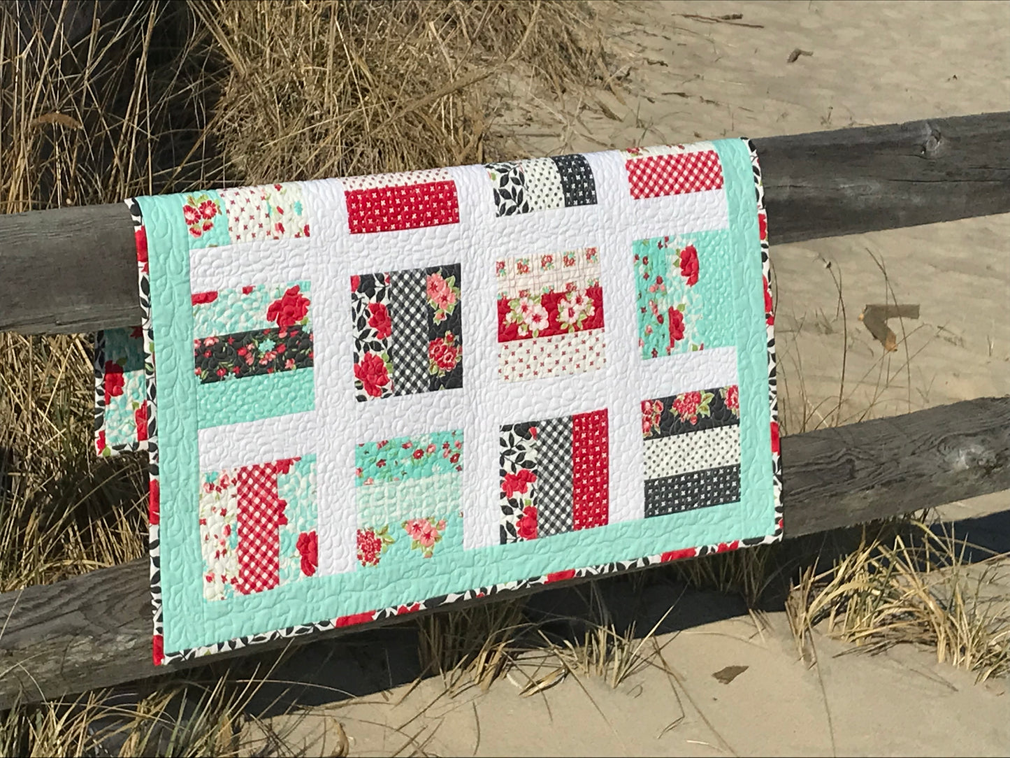 Handmade Baby Quilt / Adult Lap Quilt -  One of a Kind, Custom Quilted - Aqua, Grey, Red, White (34.5x34.5) Ready to Ship!