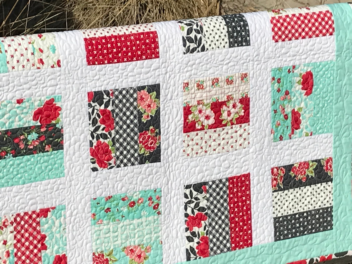 Handmade Baby Quilt / Adult Lap Quilt -  One of a Kind, Custom Quilted - Aqua, Grey, Red, White (34.5x34.5) Ready to Ship!