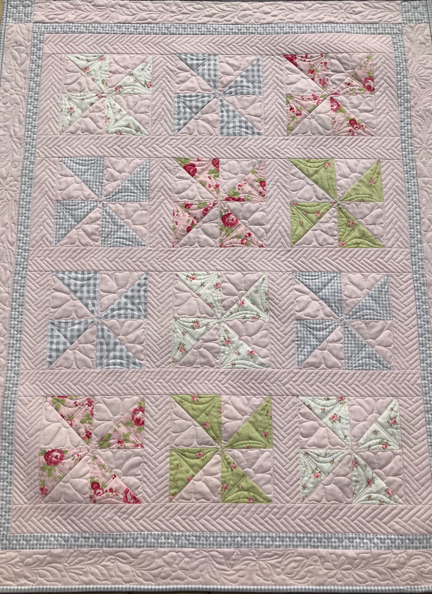 Pink Pinwheels:  Handmade Baby Quilt, Baby Blanket for Spring - Custom Quilted - Gingham Checks - Ready to Ship