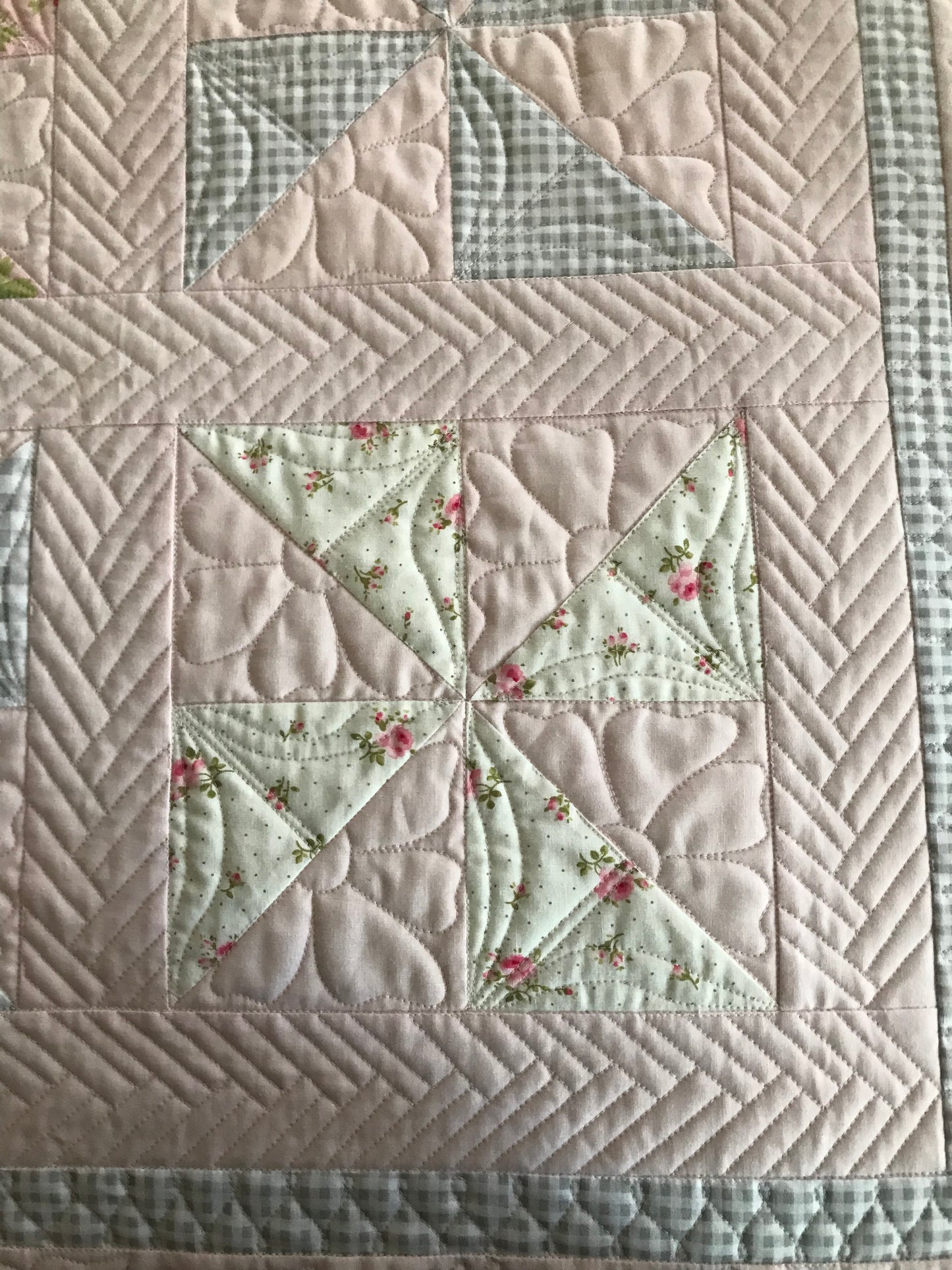 Pink Pinwheels:  Handmade Baby Quilt, Baby Blanket for Spring - Custom Quilted - Gingham Checks - Ready to Ship