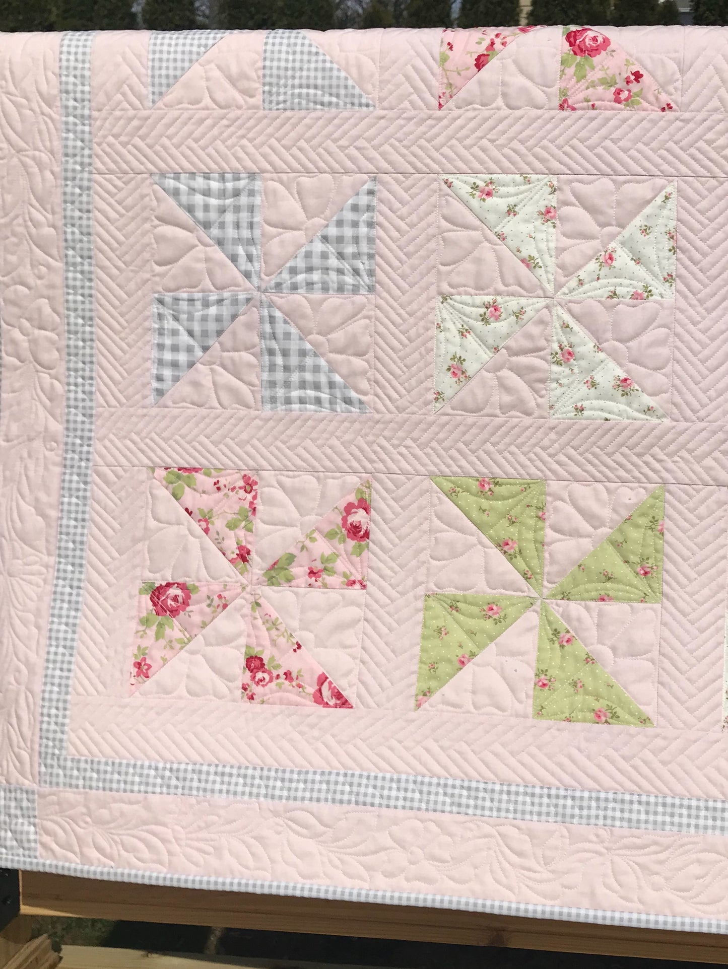 Pink Pinwheels:  Handmade Baby Quilt, Baby Blanket for Spring - Custom Quilted - Gingham Checks - Ready to Ship