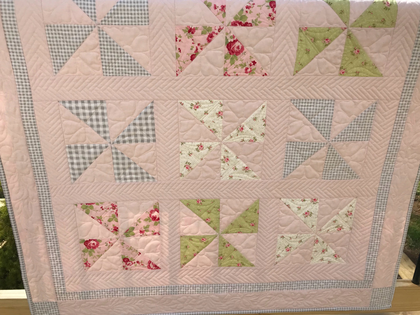 Pink Pinwheels:  Handmade Baby Quilt, Baby Blanket for Spring - Custom Quilted - Gingham Checks - Ready to Ship