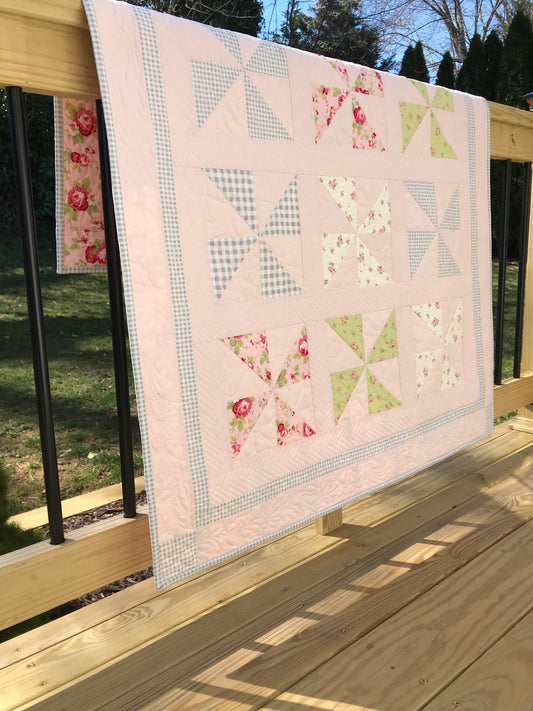 Pink Pinwheels:  Handmade Baby Quilt, Baby Blanket for Spring - Custom Quilted - Gingham Checks - Ready to Ship