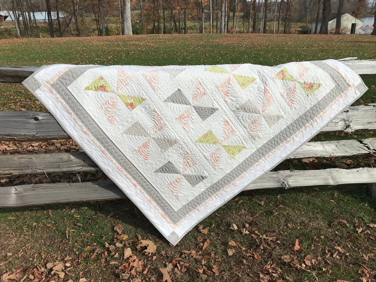 Promenade Pinwheels: Pink & Gray Baby Quilt, Handmade Baby Girl Quilt, Baby Girl Blanket - Custom Quilted - Crib Size - Ready to Ship