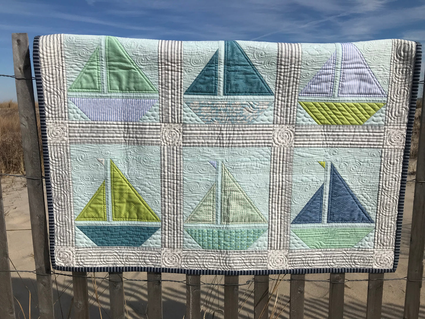 Handmade Baby Quilt - Sailboat Baby Blanket - Designer Custom Heirloom - Handmade Nautical - Gender Neutral - Ready to Ship