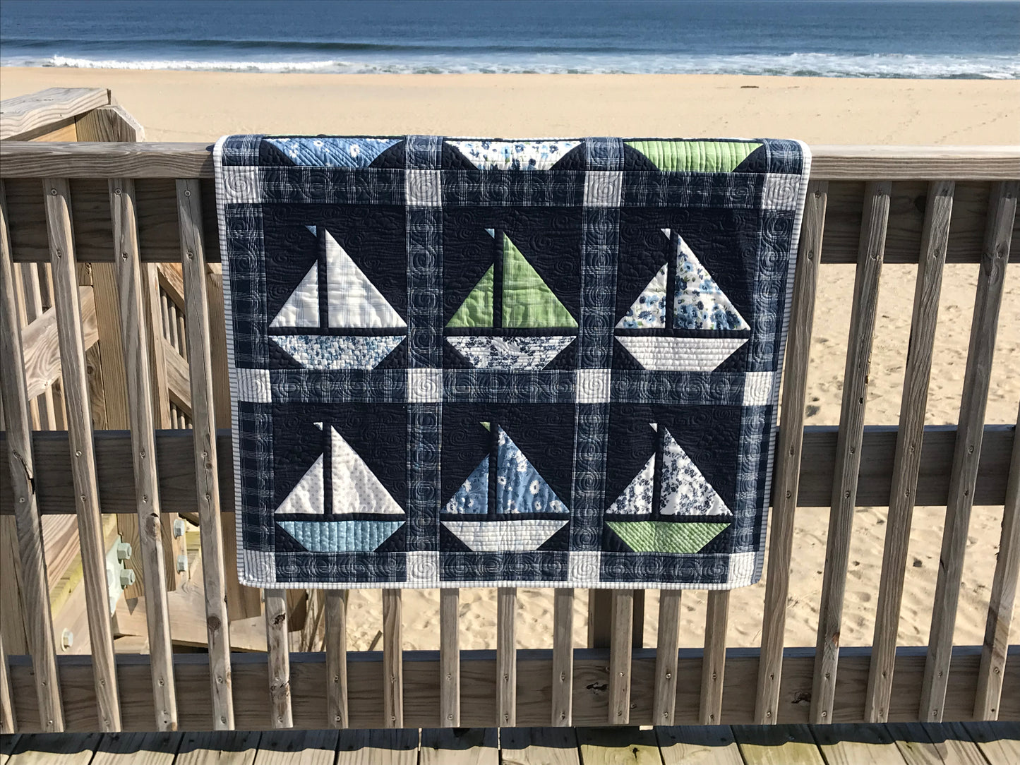 Sail On:  Navy Blue Sailboat Baby Quilt, Baby Blanket - Custom Designer Handmade Nautical - Gender Neutral - Ready to Ship