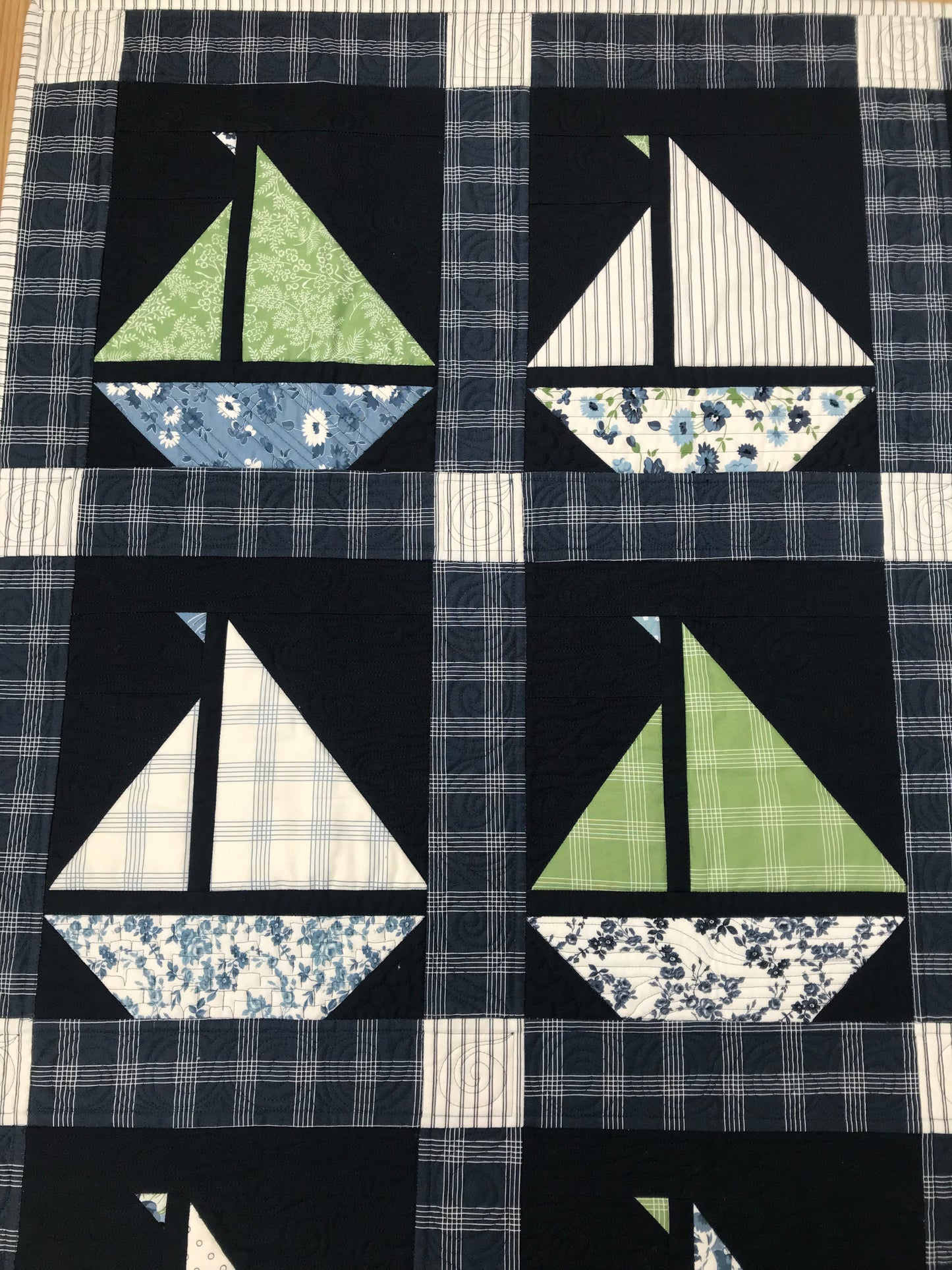 Sail On:  Navy Blue Sailboat Baby Quilt, Baby Blanket - Custom Designer Handmade Nautical - Gender Neutral - Ready to Ship